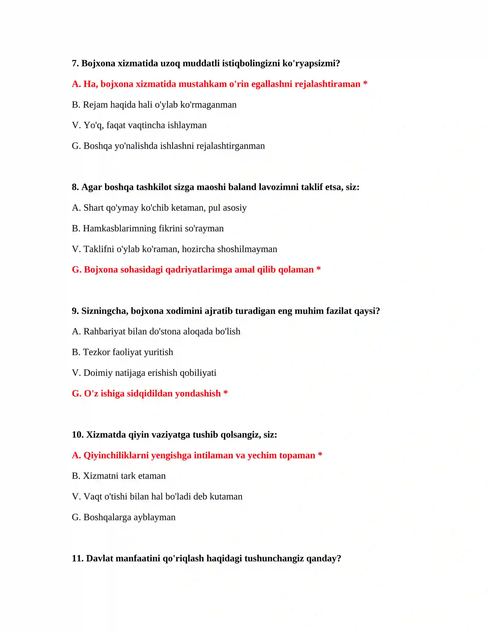 BOJXONA AKADEMIYASI UCHUN NAMUNAVIY PSIXOTEST SAVOLLARI 4