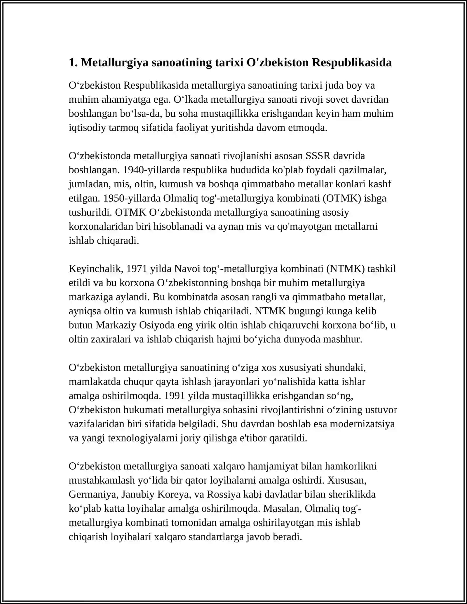 O'ZBEKISTON RESPUBLIKASI METALLURGIYANING RIVOJLANISHI 4