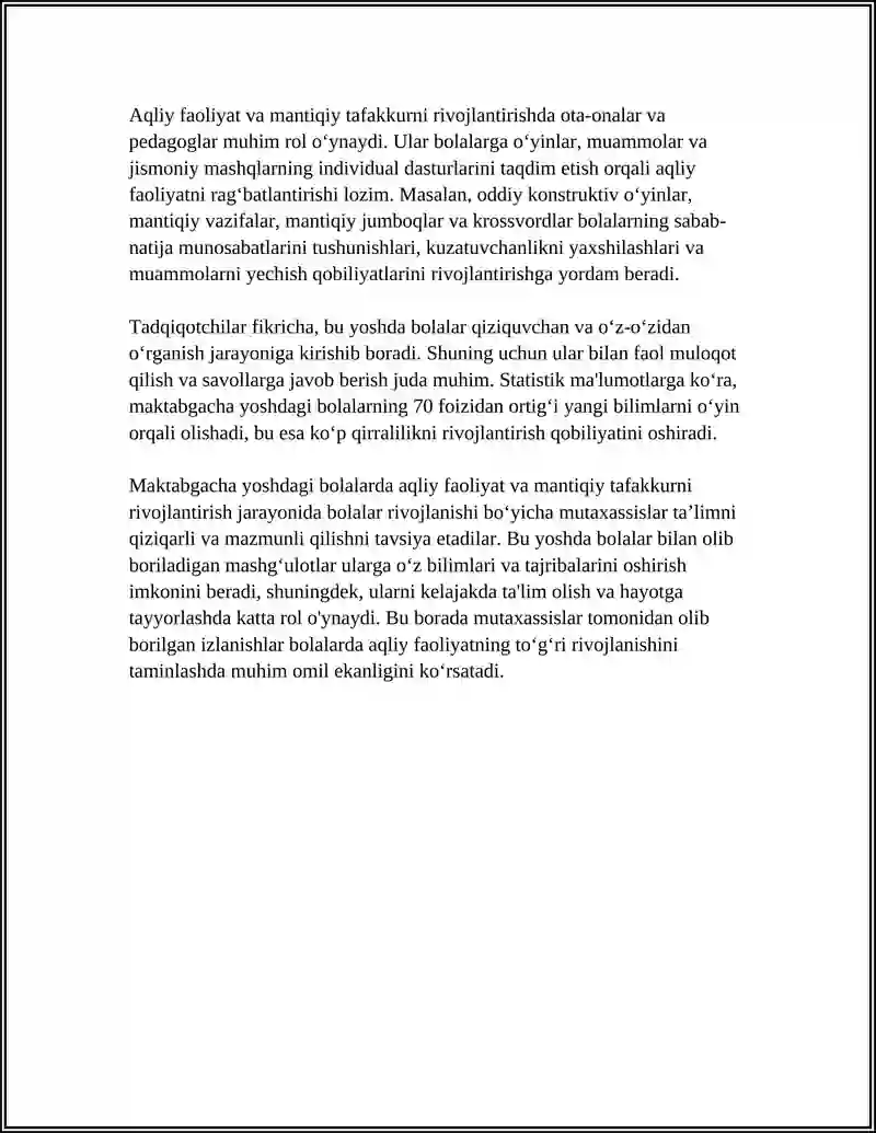 MAKTABGACHA YOSHDAGI BOLALARNING MANTIQIY TAFAKKURINI RIVOJLANTIRISHDA AQLIY FAOLIYAT OʻRNI 4