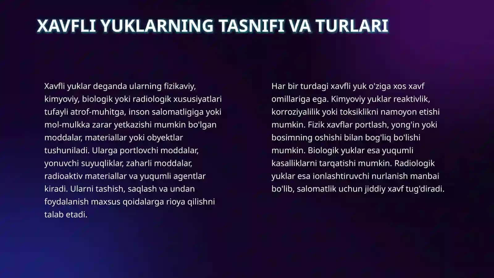 Ishlab chiqarishda qoʻllaniladigan xavfli yuklar turi va ularni xavfsizligini taʼminlash choralari 4