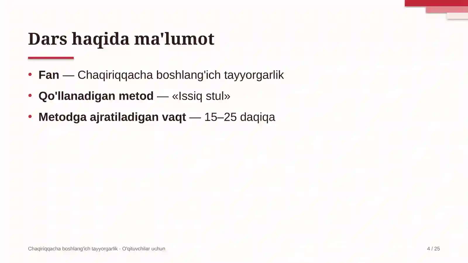 chaqiriqqacha boshlang'ich tayyorgarlik darslarida issiq stul metodidan foydalanish 4211 4