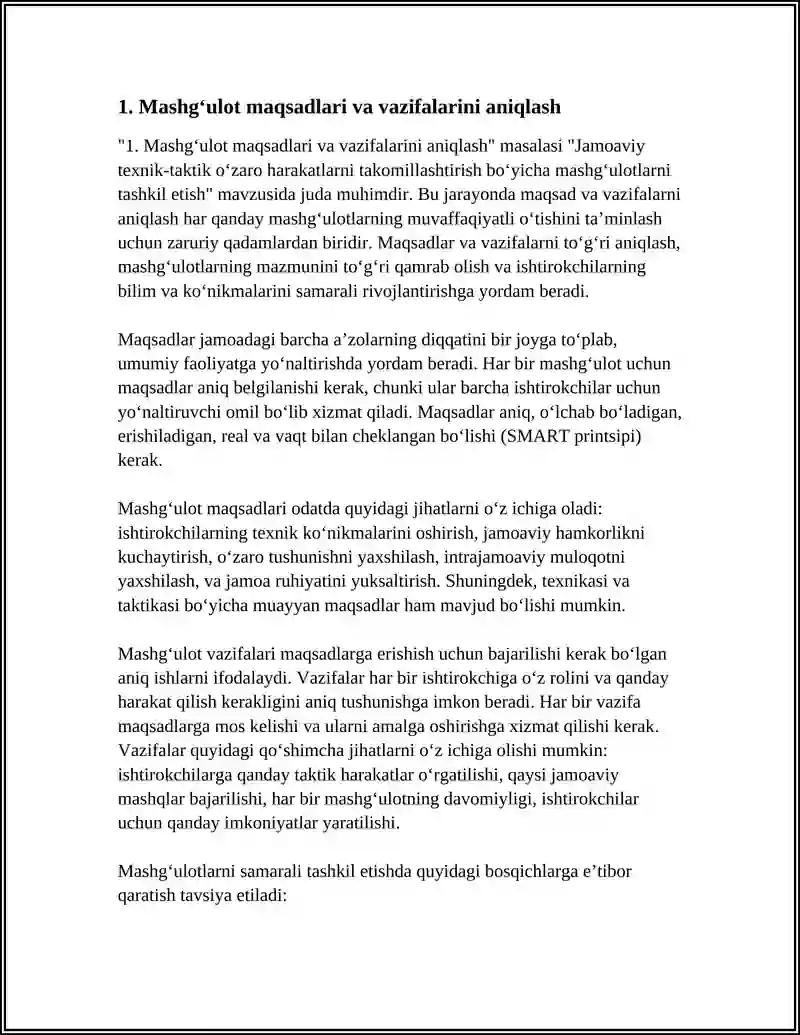 JAMOAVIY TEXNIK-TAKTIK OʼZARO HARAKATLARINITAKOMILLASHTIRISH BOʻYICHA MASHGʻULOTLARNI TASHKILETISH 4
