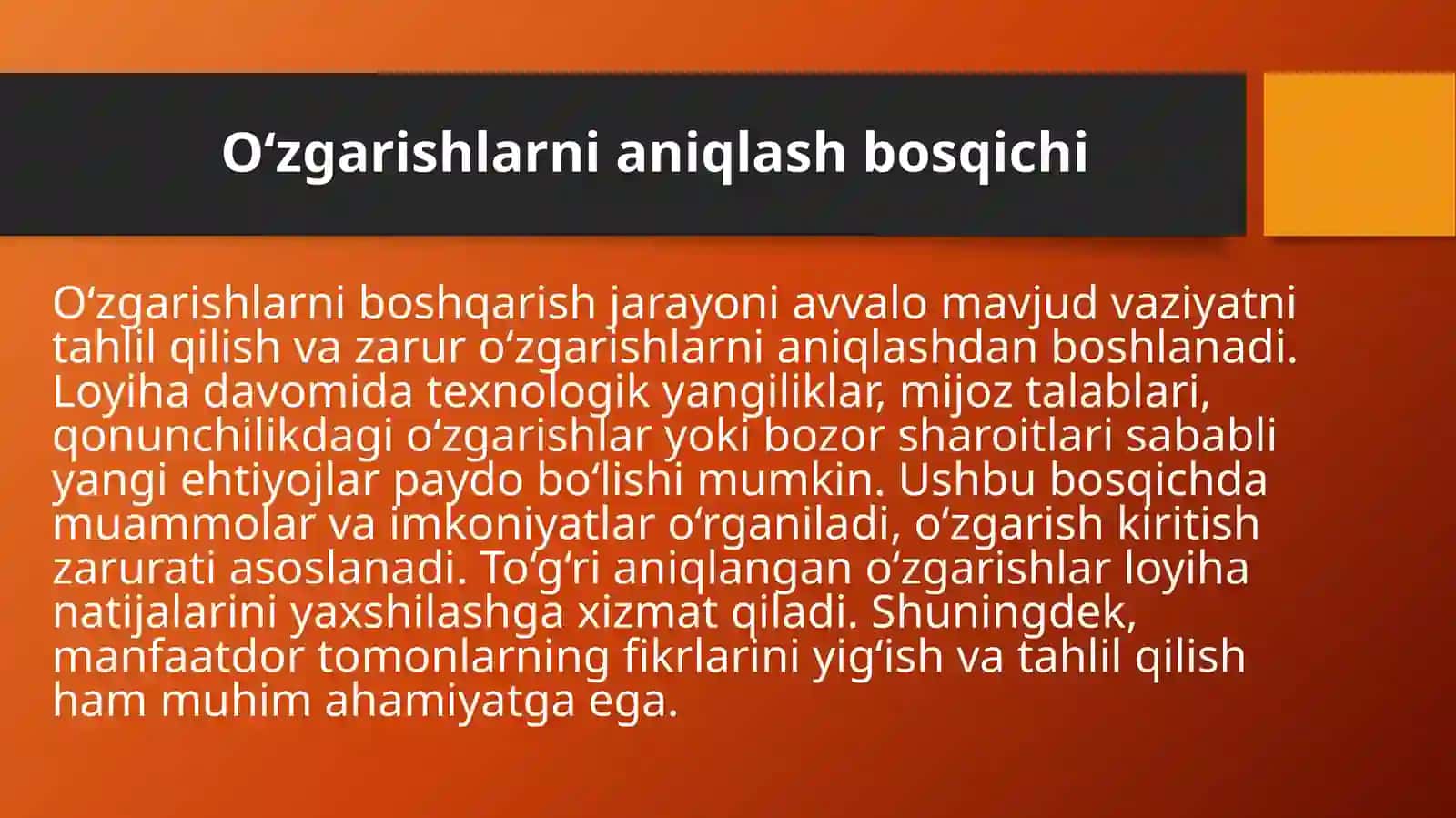 O‘zgarishlarni boshqarish jaroyani bosqichlari 4
