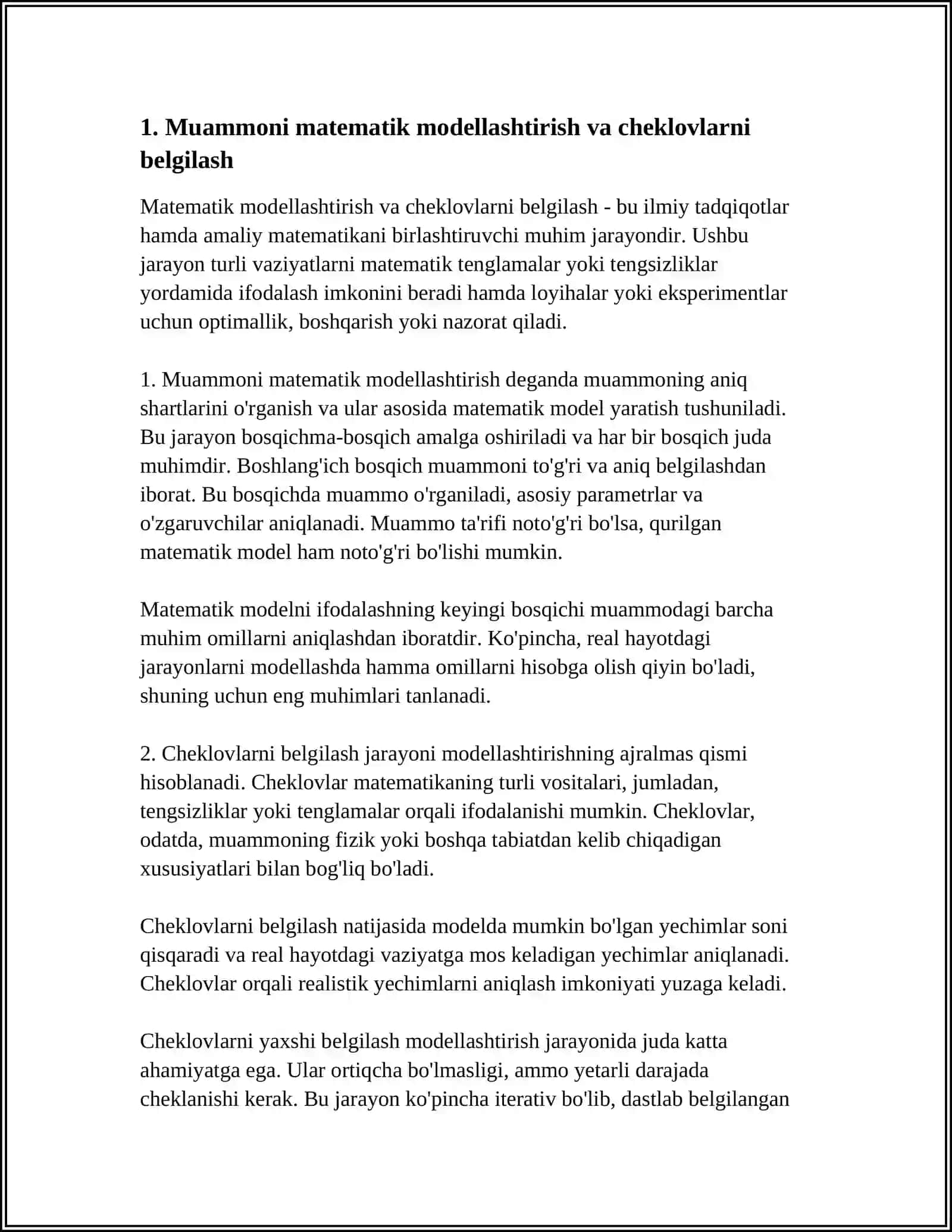 KURS ISHI: HISOBLASH EKSPERIMENTI: MATEMATIK MODELNI TEKSHIRISH VA VALIDATSIYA QILISH BOSQICHLARI 4