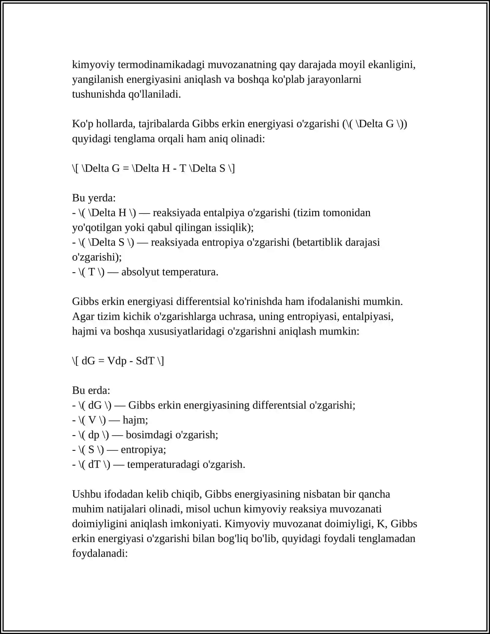 GIBBS ENERGIYASINI O'ZGARISHI VA REAKSIYANING YO'NALISHI GELMGOLSNING ERKIN ENERGIYASI 4