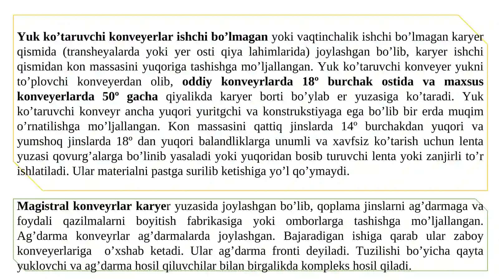 Tasmali konveyerlarning texnologik tavsifi, qo‘llanish sharoitlari va unumdorlig 4