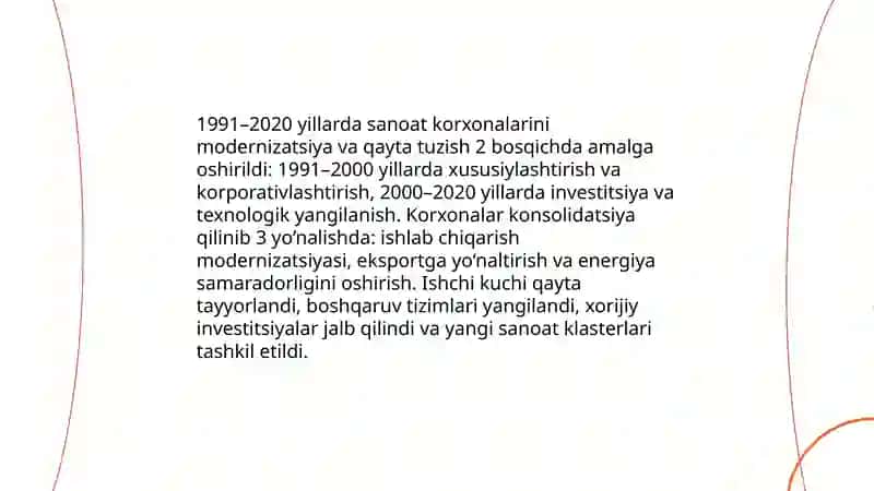 Mustaqillik yillarida qishloq xoʻjaligi va sanoat sohasidagi oʻzgarishlar 4