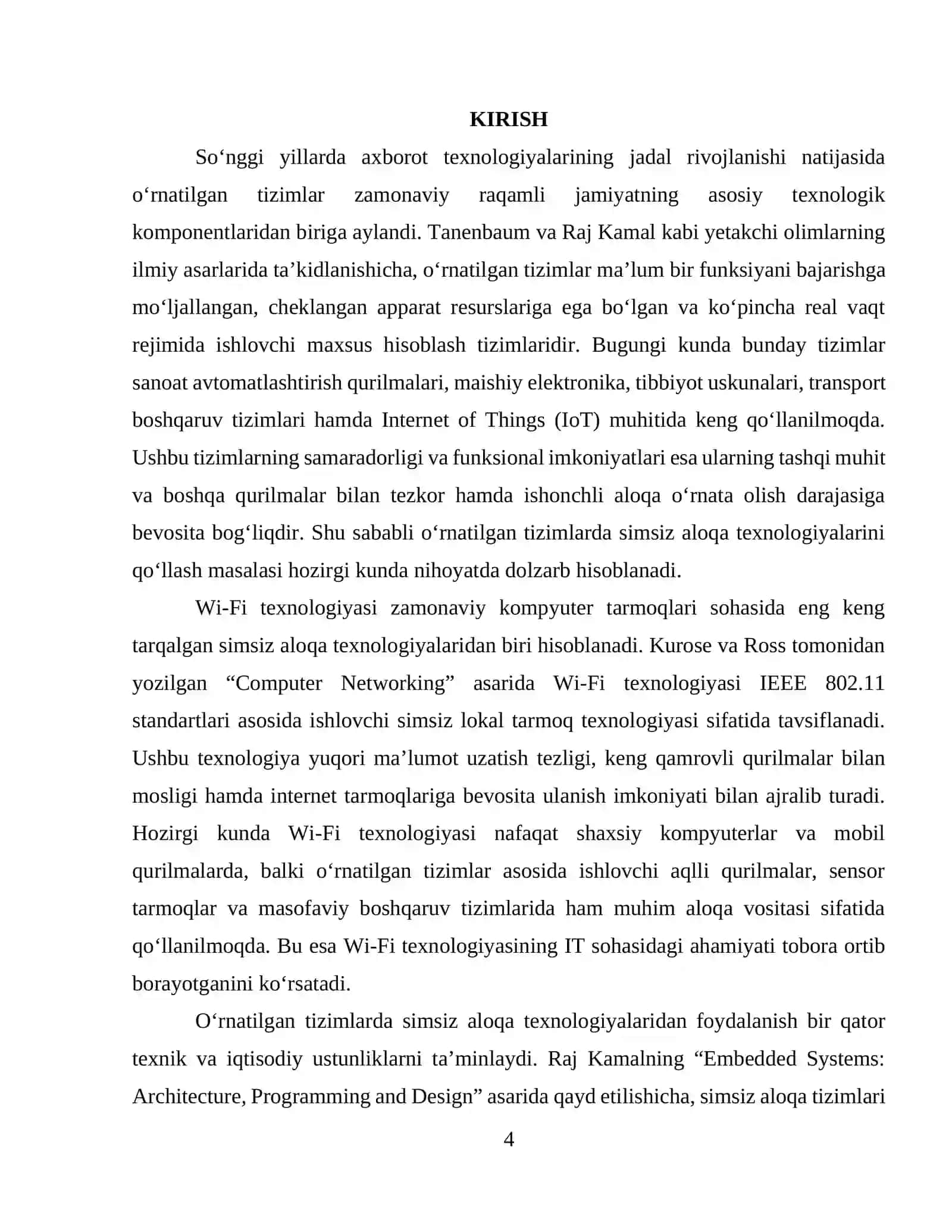 O'RNATILGAN TIZIMLARDA WIFI TEXNOLOGIYASI KURS ISHIGA HISOBOT YOZUVI 4