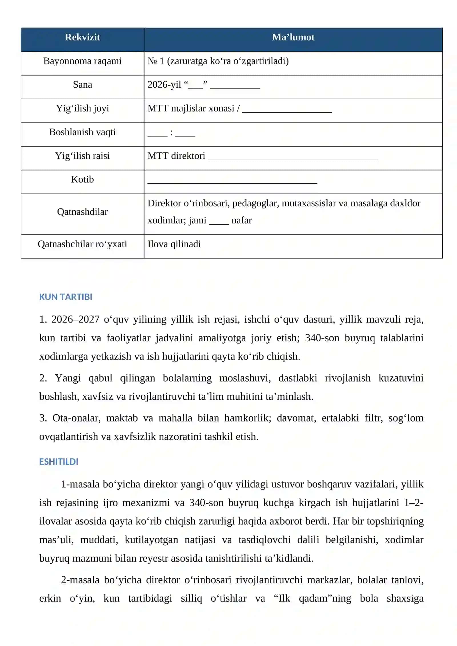 340-sonli buyruq, “Ilk qadam” milliy o‘quv dasturining uchinchi nashri va amaldagi tegishli talablar asosida qayta ishlangan namunaviy hujjat 4