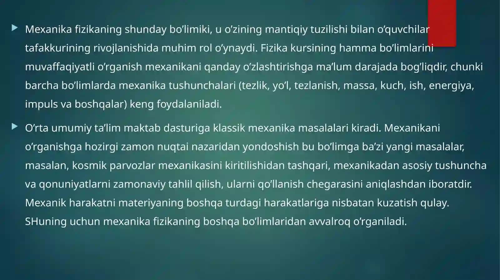 FIZIKA O‘QITISHNING XUSUSIY MASALALARI: UMUMIY O‘RTA TA’LIM MAKTABI “MEXANIKA” BO‘LIMINING STRUKTURASI 4