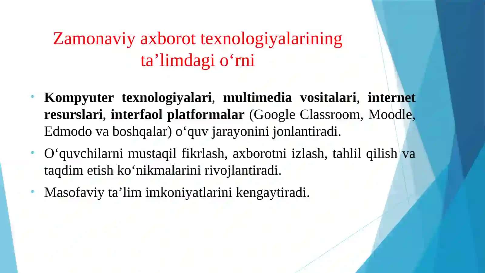 PEDAGOGIK TA'LIM JARAYONIDA O'QITUVCHINING ZAMONAVIY AXBOROT TEXNOLOGIYALARIDAN SAMARALI FOYDALANISHI 4