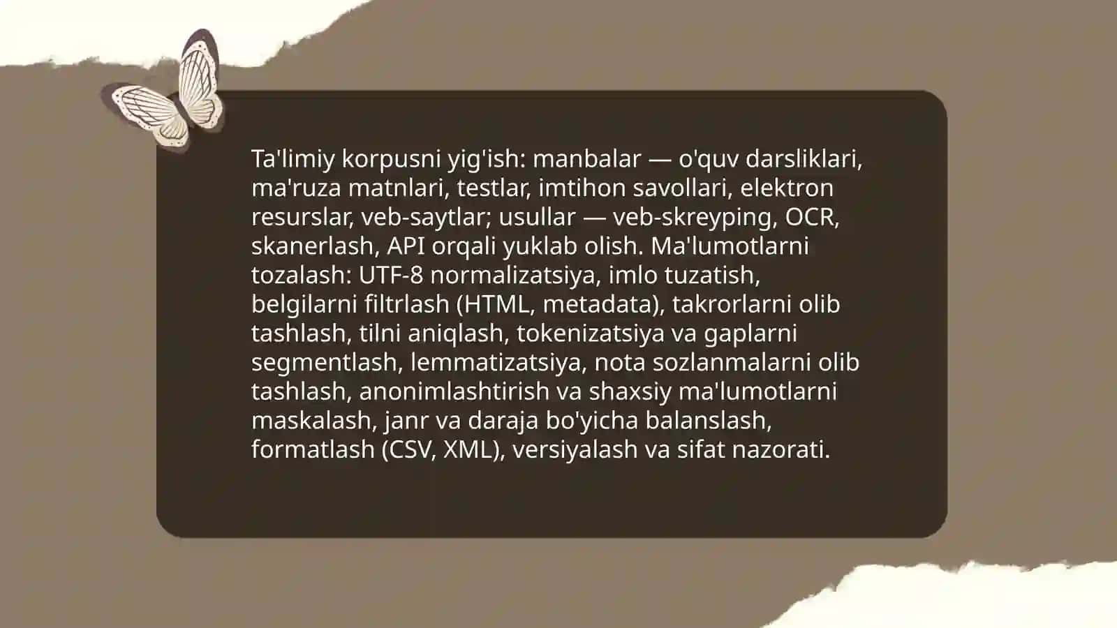 Ta'limiy korpus, leksikografiya, chastotali lugʻat, terminologik lugʻat, ma'lumotlar bazasi, model axborot tizimi 4