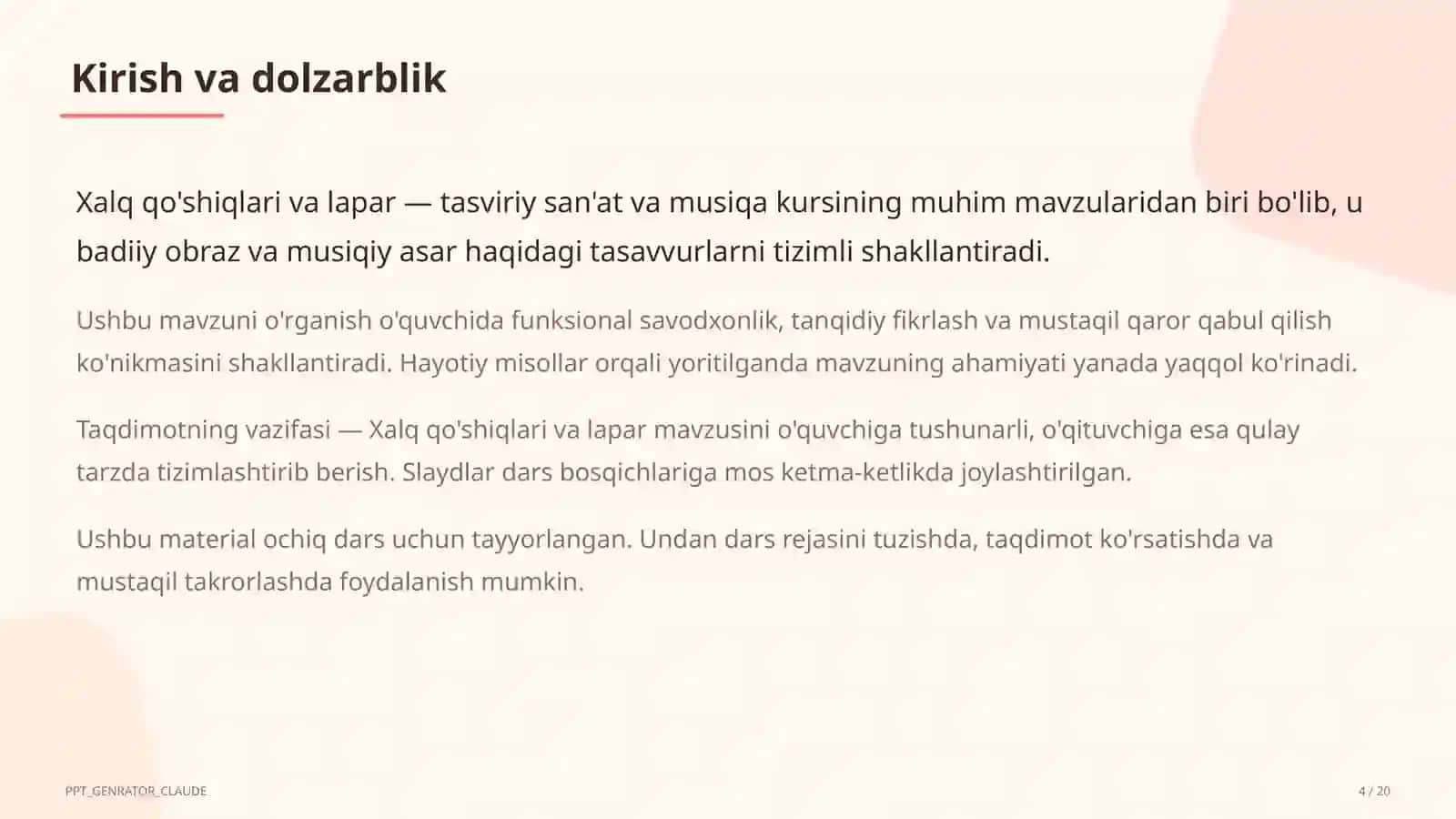 Tasviriy san'at va musiqa (1– 7) — ochiq dars uchun 4