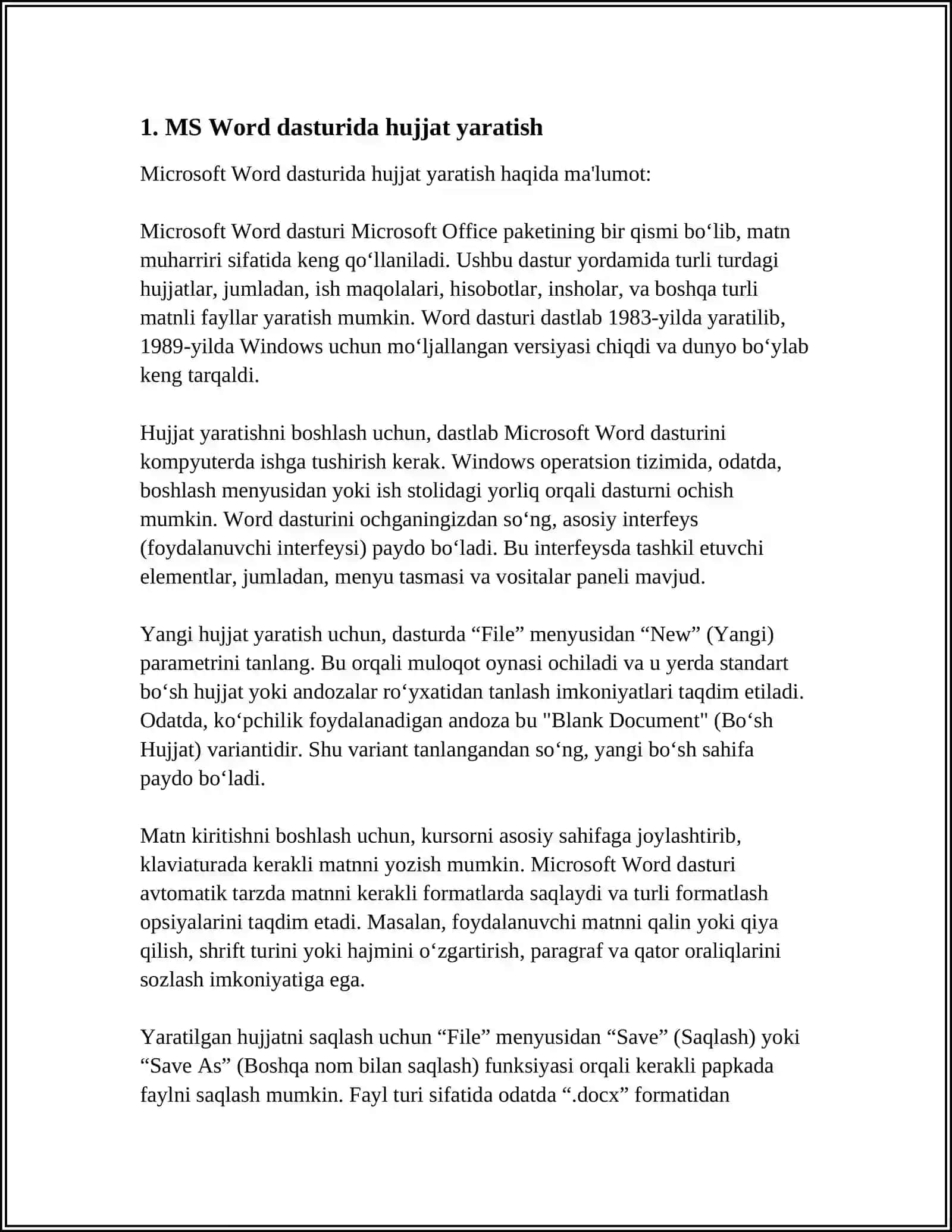 MS WORD MS EXSEL VA MS POWER POINT DASTURLARIDAN FOYDALANIB HUDUDIY HAFTALIK OB HAVO MAʼLUMOTLARINI HAQIDA MS WORD DASTURIDA MAʼLUMOTNOMA YARATISH SOʻNG USHBU MAʼLUMOT DIAGRAMMASINI MS EXSEL DASTURIDA YARATISH MS POWER POINT DASTURIDA USHBU MAʼLUMOT VA DIAGRAMMADAN FOYDALANIB TAQDIMOT YARATILSIN 4