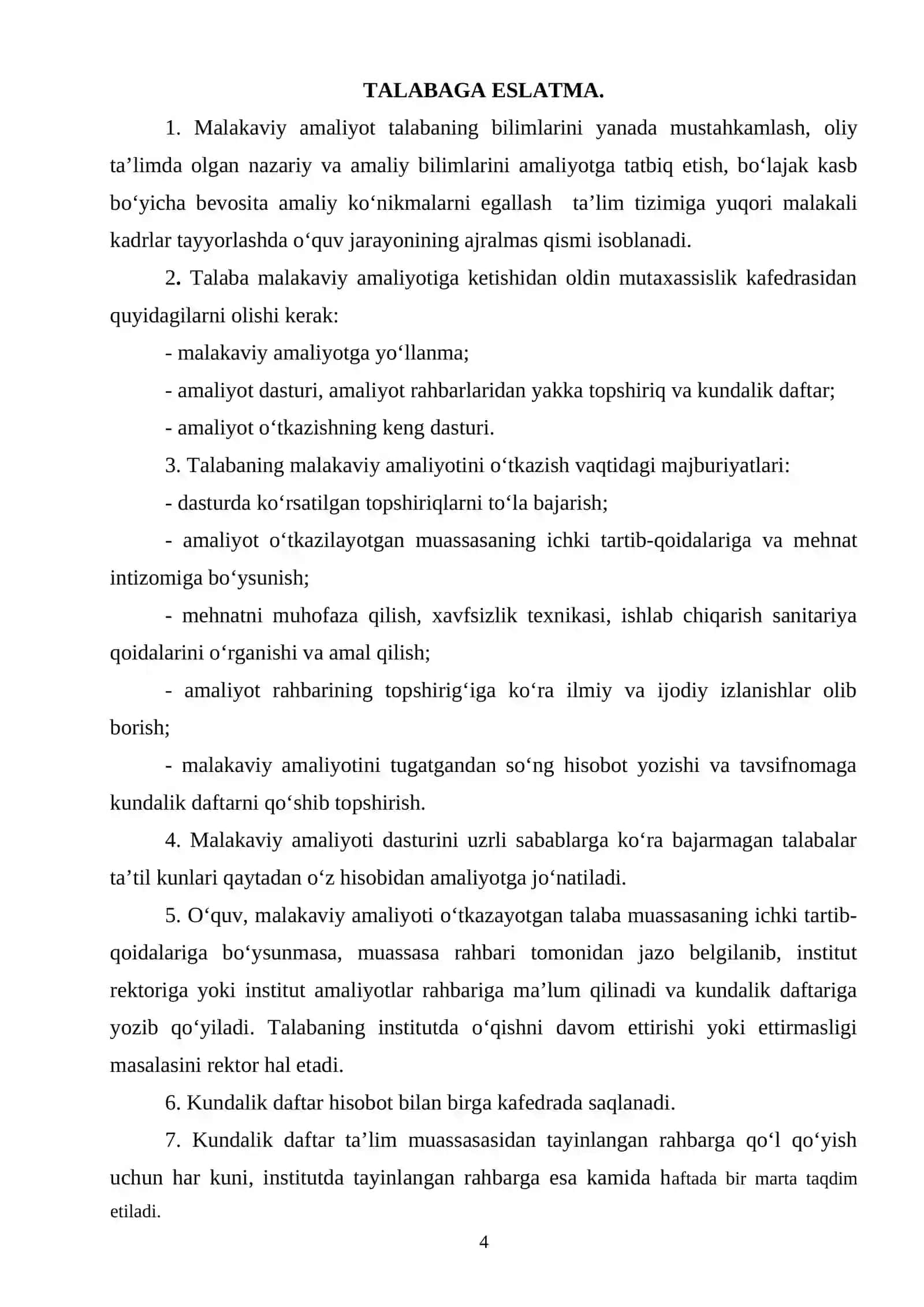 Talabaning MALAKAVIY amaliyoti Kundalig 4