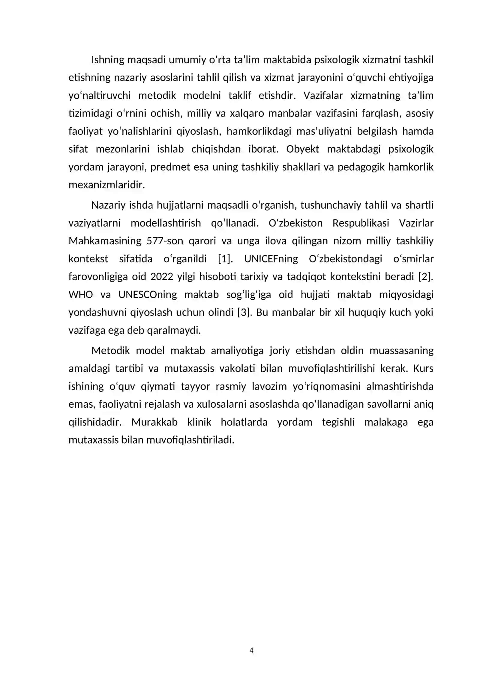 Umumiy o‘rta ta’lim maktabida psixologik xizmatni tashkil etishning nazariy va metodik asoslari — kurs ishi namunasi 4