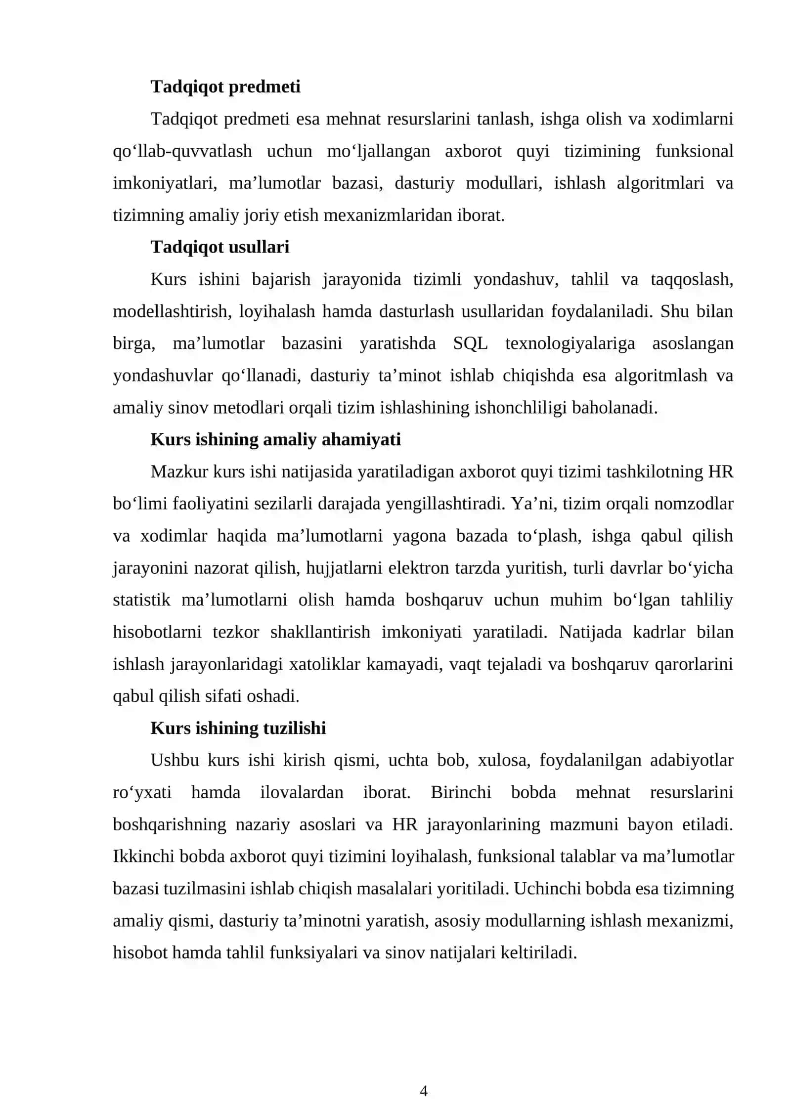 MEHNAT RESURSLARINI TANLASH, ISHGA OLISH VA QO‘LLAB-QUVVATLASHNING AXBOROT QUYI TIZIMINI LOYIHALASH 4
