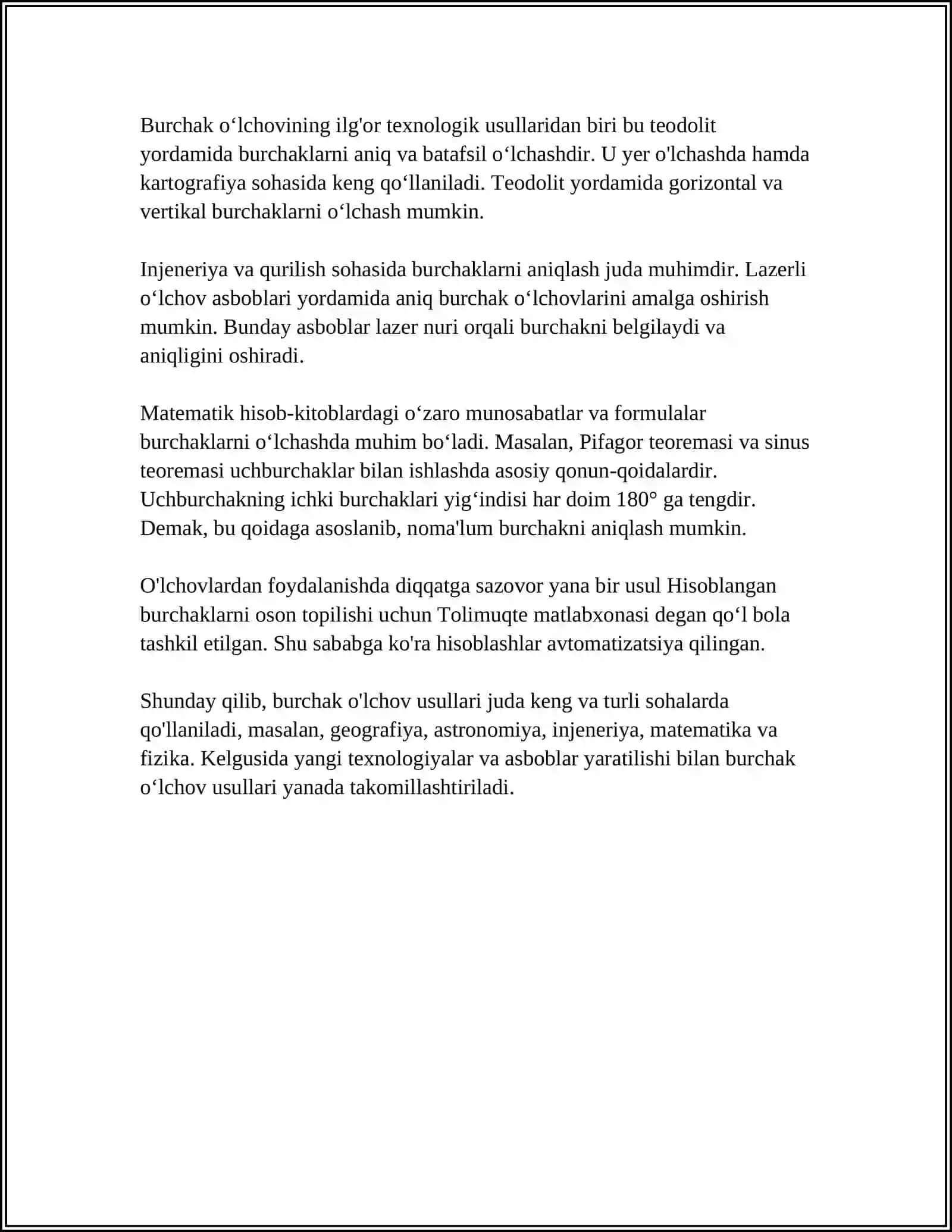 BURCHAK OLCHOVLARI TURLARINI ORGANISH VA HAR BIR OLCHOV TURINING QOLLANILISH SOHASINI ANIQLASH OLCHOVLAR BOYICHA TAKLIF BERISH MISOLLAR KELTIRING 4