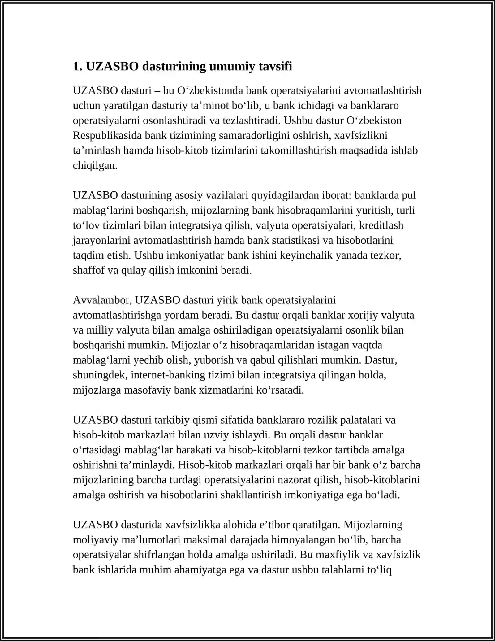 UZASBO (O‘ZBEKISTON AVTOMATLASHTIRILGAN BANK OPERATSIYALARI TIZIMI) DASTURI VA IMKONIYATLARI 4