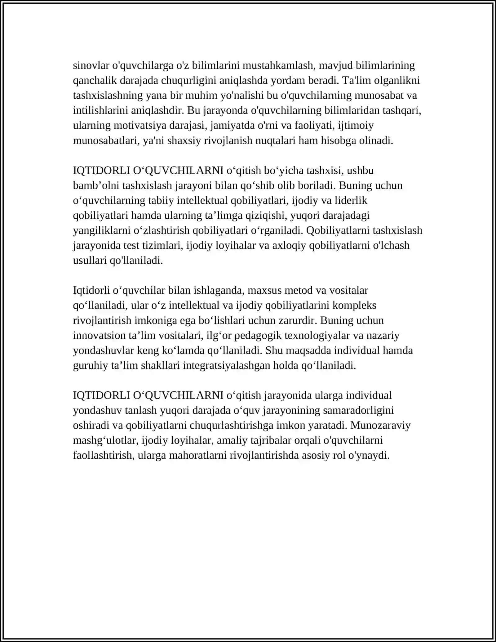 TA'LIM OLGANLIKNI TASHXIS ETISH. IQTIDORLI OʻQUVCHILARNI OʻQITISH (EDUCATION OF GIFTED CHILDREN) 4