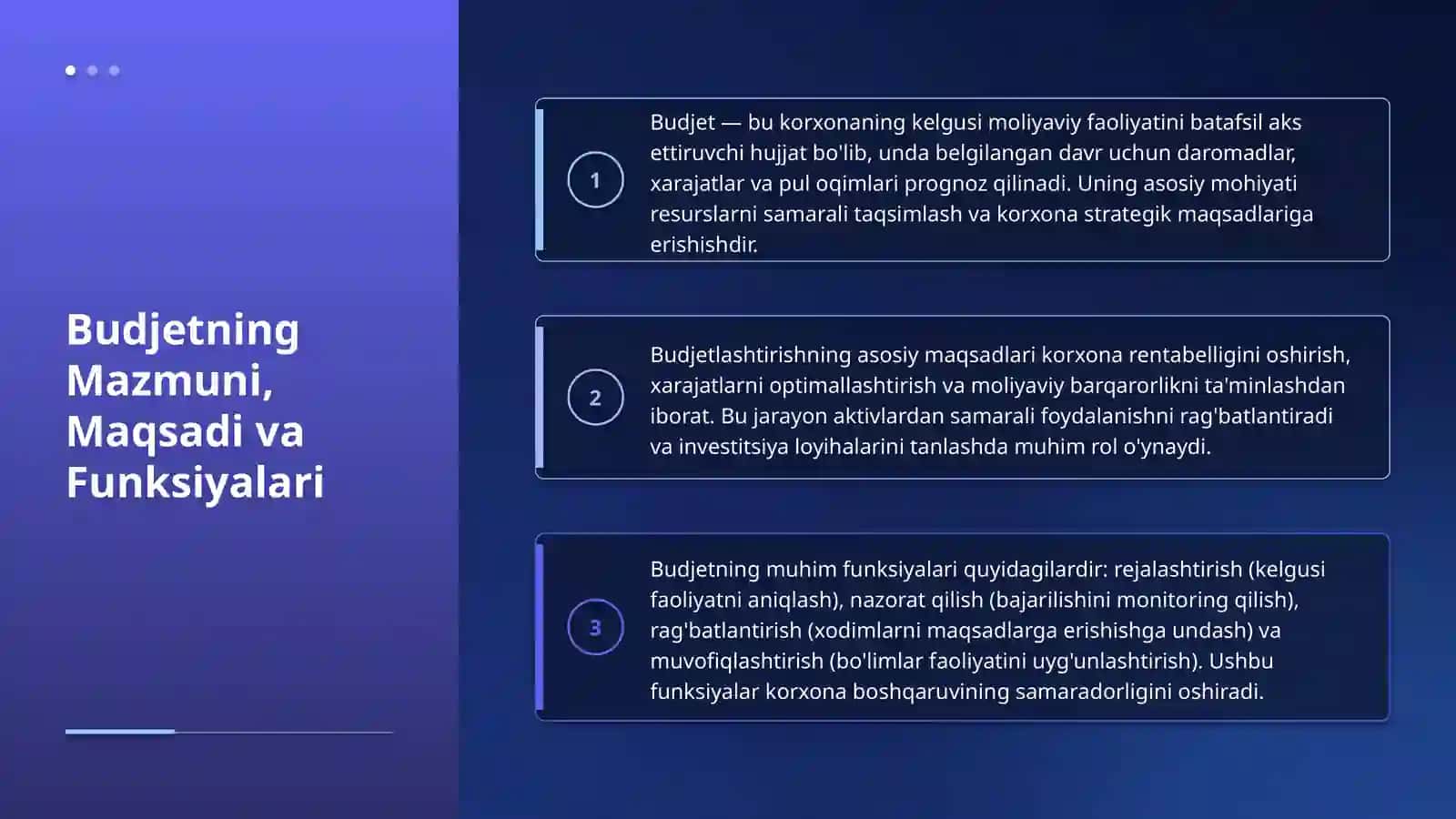 Budjetlashtirish va rejalashtirish Budjetning mazmuni, maqsadi, funksiyalari va strategik reja bilan o‘zaro bog‘liqligi. Budjet davri, budjet qo‘mitasi, budjet qo‘llanmasi, mas’uliyat markazlari va budjetlashtirish jarayonining tashkiliy bosqichlari. Yuqoridan pastga, pastdan yuqoriga va ishtirokchi budjetlashtirish yondashuvlari; budjet bo‘shlig‘i va xulq-atvor omillari. Sotuv prognozi va sotuv budjeti, tayyor mahsulot zaxirasi siyosati asosida ishlab chiqarish budjeti. Material sarfi va xaridi 4