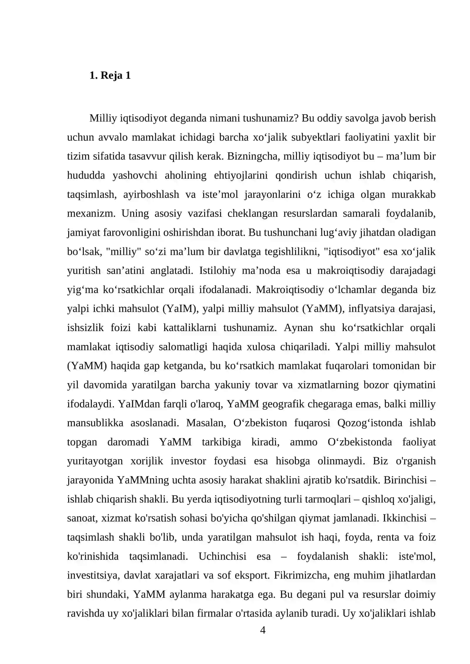 Milliy iqtisodiyot va uning makroiqtisodiy o’lchamlari. Yalpi milliy mahsulot va uning harakat shakllari 4