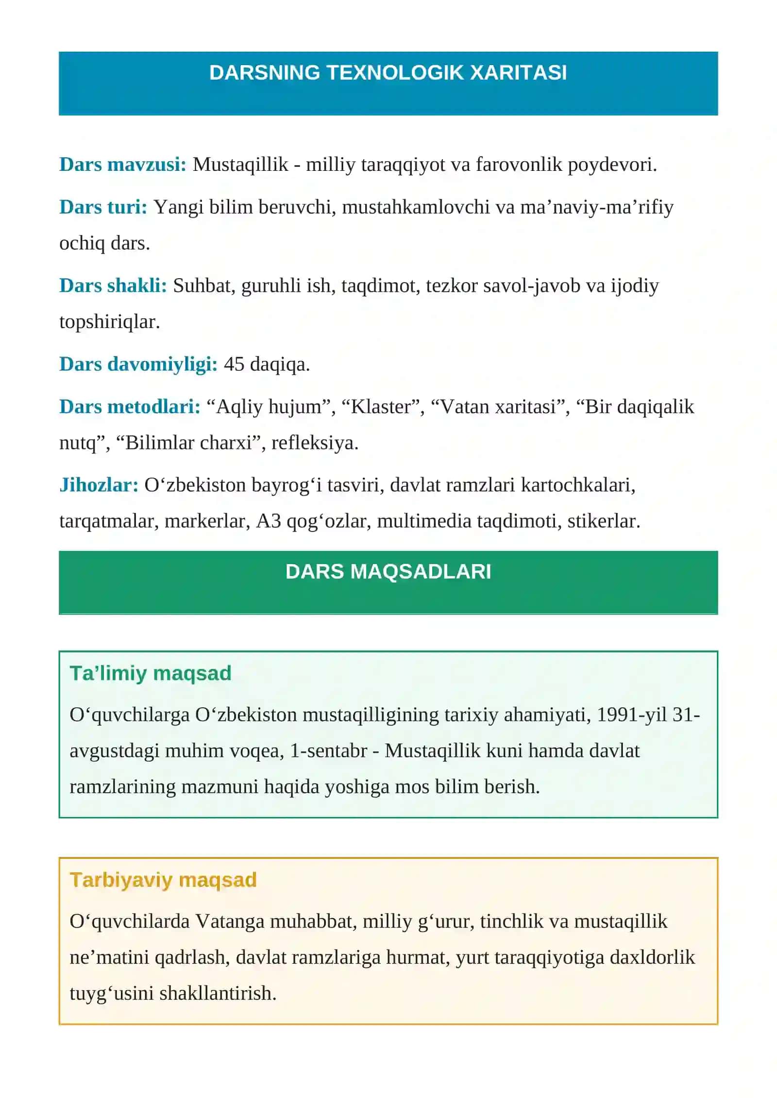 “Mustaqillik - milliy taraqqiyot va farovonlik poydevori” DARSNING TEXNOLOGIK XARITASI 4