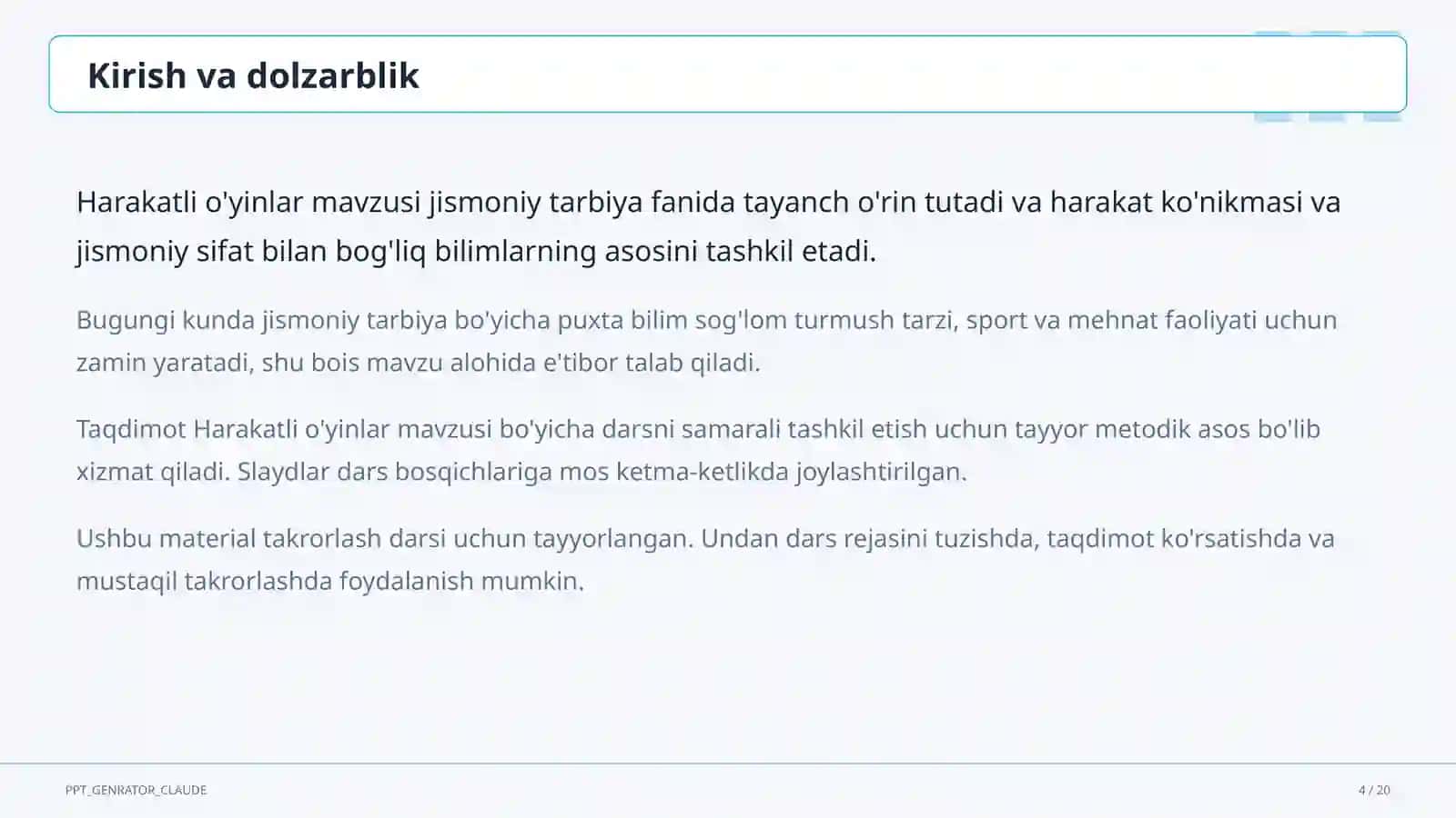 Jismoniy tarbiya (1– 11) - takrorlash darsi 4