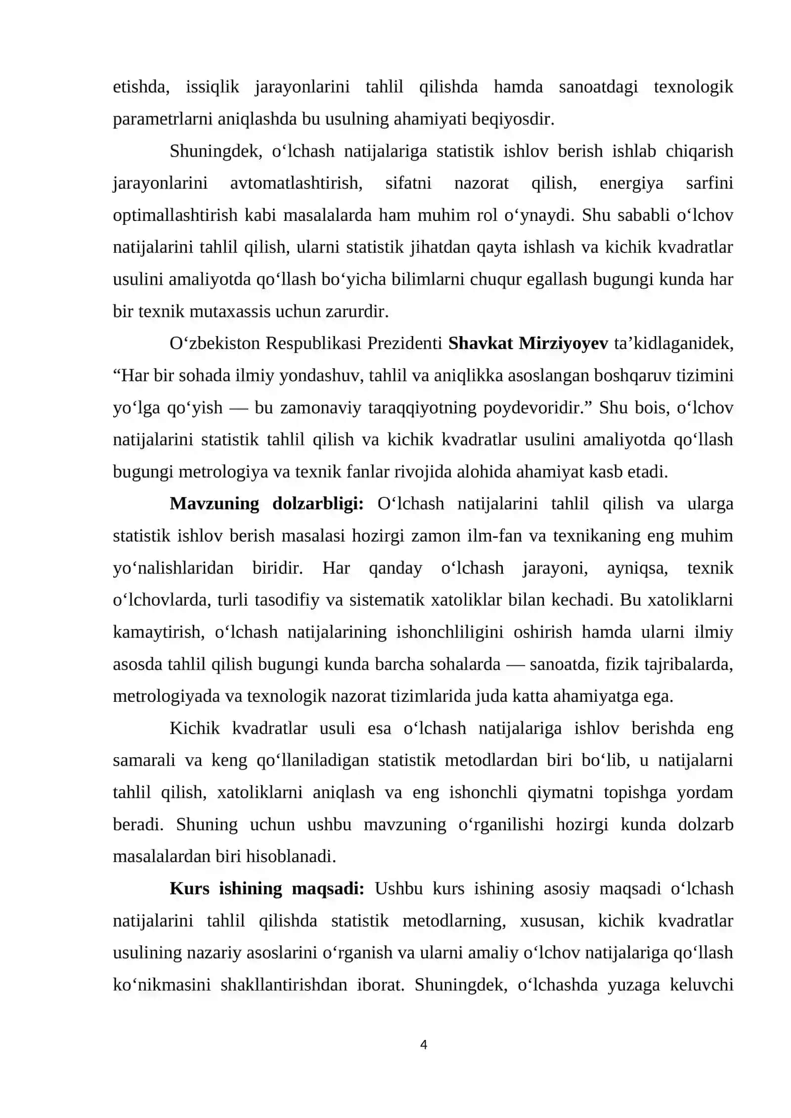O'LCHASH NATIJALARINI TAHLIL QILISH VA STATISTIK ISHLOV BERISH. KICHIK KVADRATLAR USULI. 4