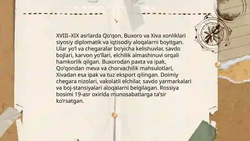 Oʻrta Osiyo xonliklarining iqtisodiy va siyosiy diplomatik aloqalari 4