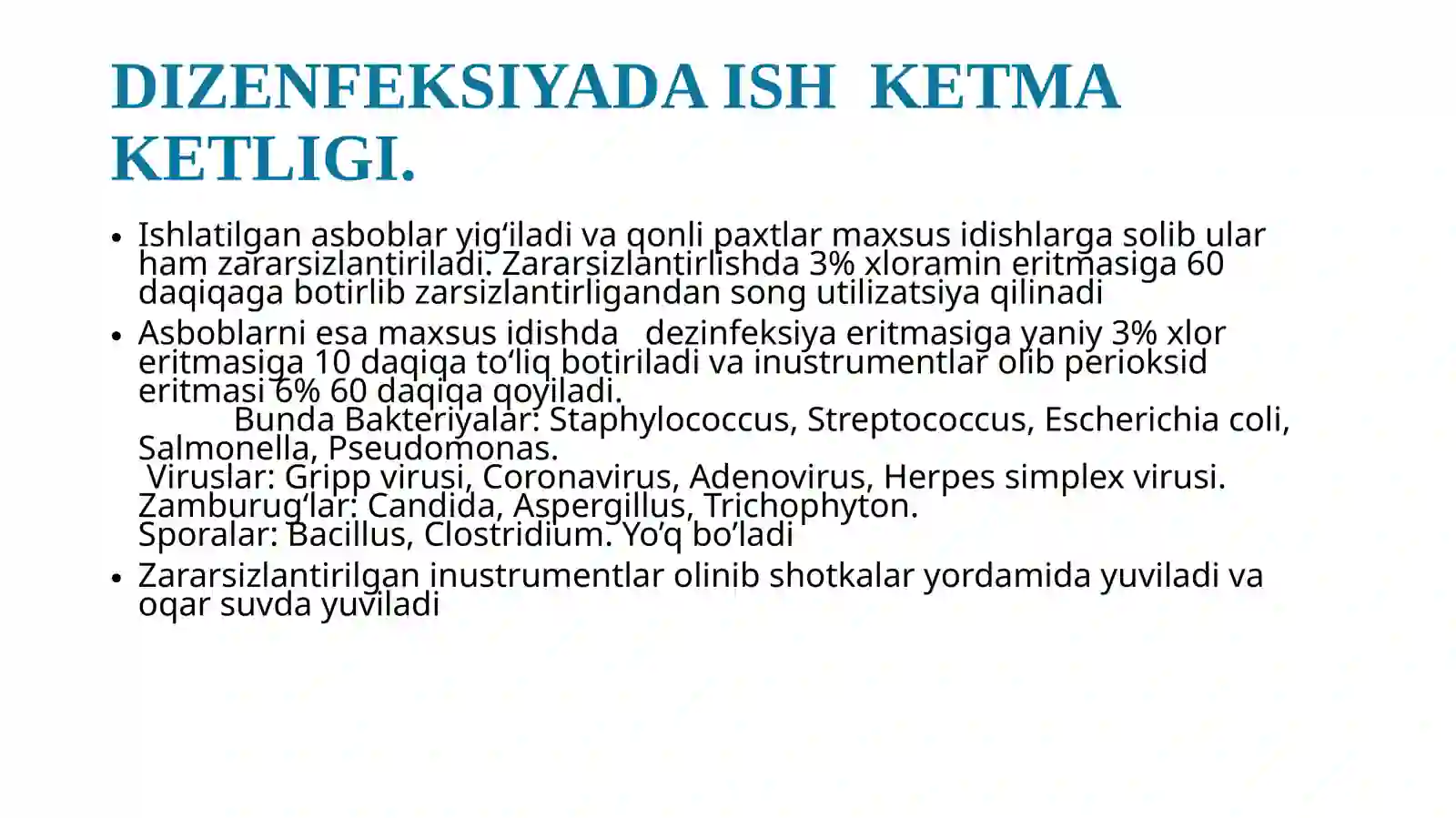 Stomatologiya boʻlimida dizenfeksiya qilish va sterilizatsiya qilish haqida. 4