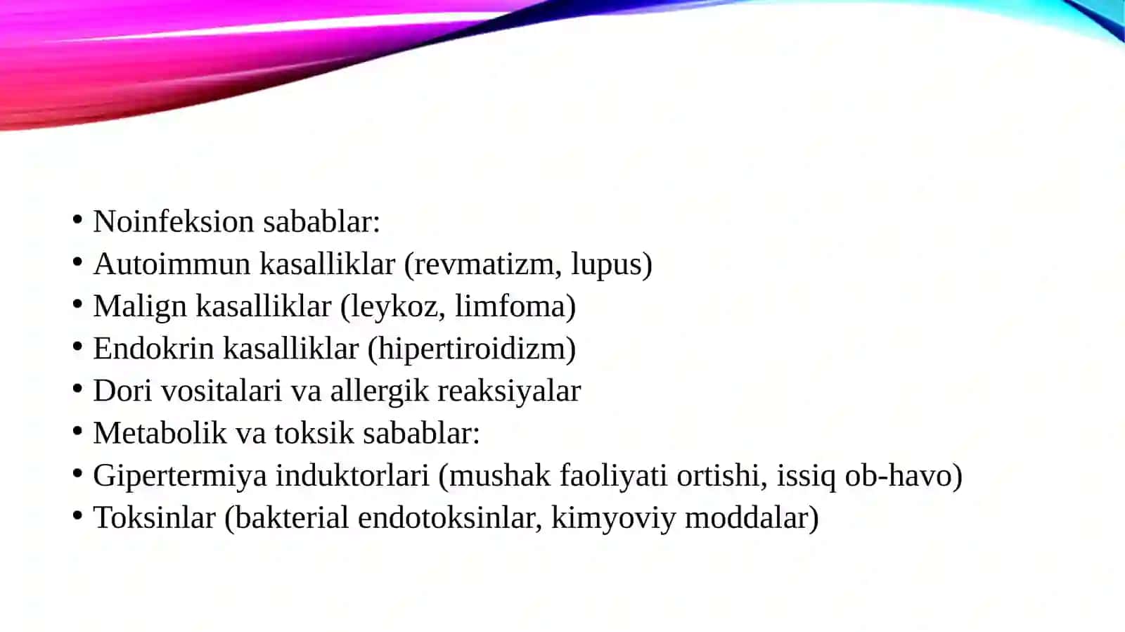 Isitmaning etiologiyasi va patogenezi, turlari, oqibatlari. Isitmada og'iz bo'shlig'idagi o'zgarishlar, patofiziologik asos. Isitma va ekzogen qizib ketish va gipertermiya o'rtasidagi farqlar. 4