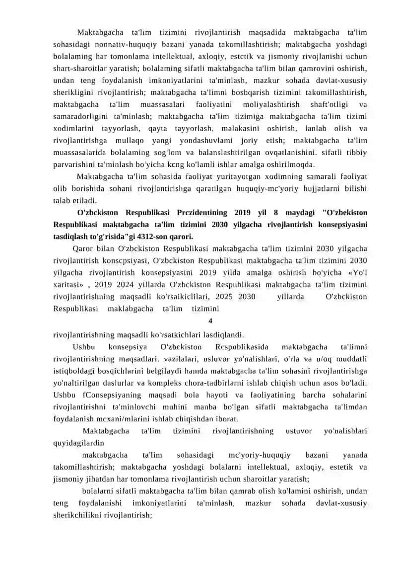 O'zbekiston Respublikasining "Maktabgacha (ta’1im va tarbiya to'g’risida"gi qonuni va tizimga oid me'yoriy hujjatlarning mazmun-mohiyati 4