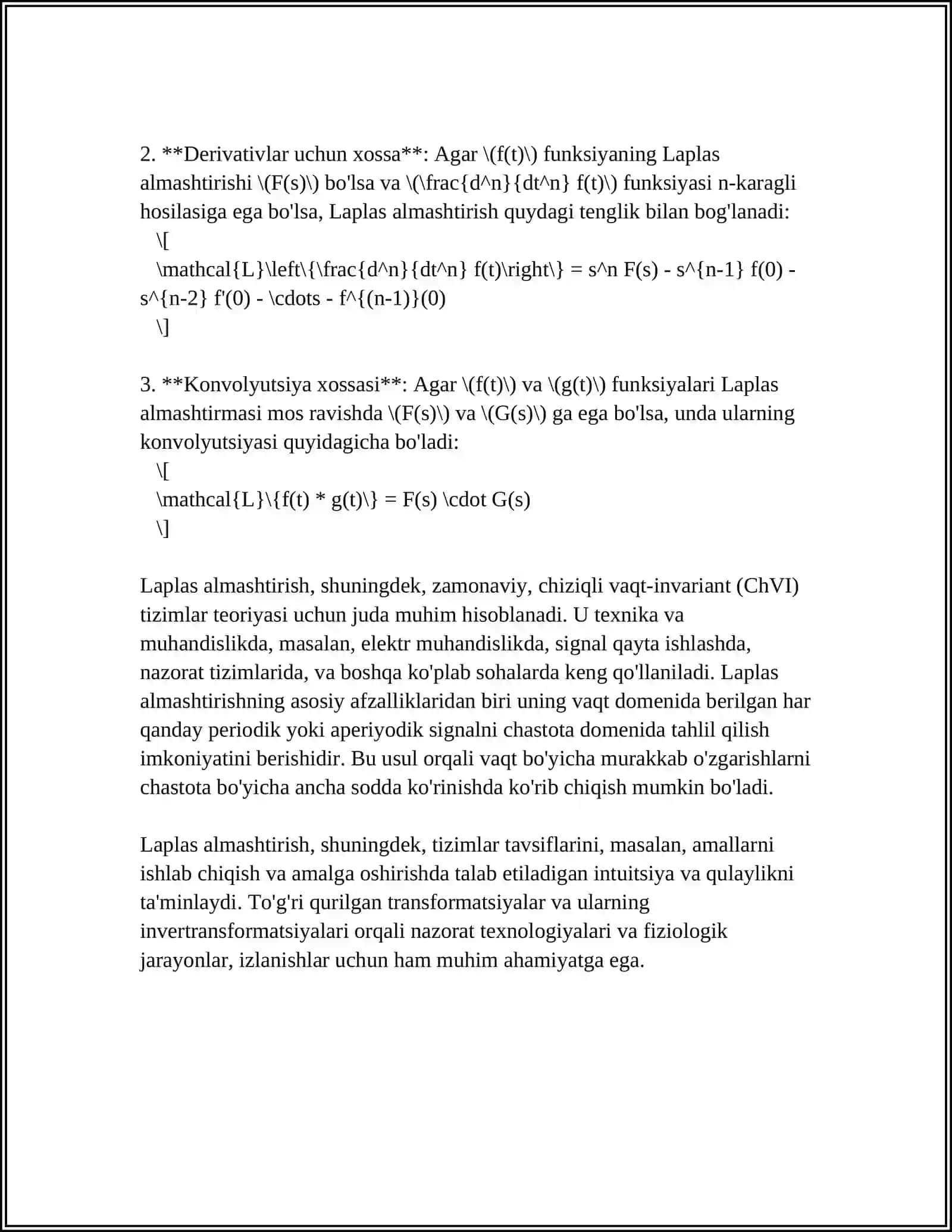 LAPLAS ALMASHTIRISH UNING XOSSALARI. ORIGINALLAR SINF TASVIRLAR SINF OPERATIV HISOBNING ASOSIY TEOREMALARI 4