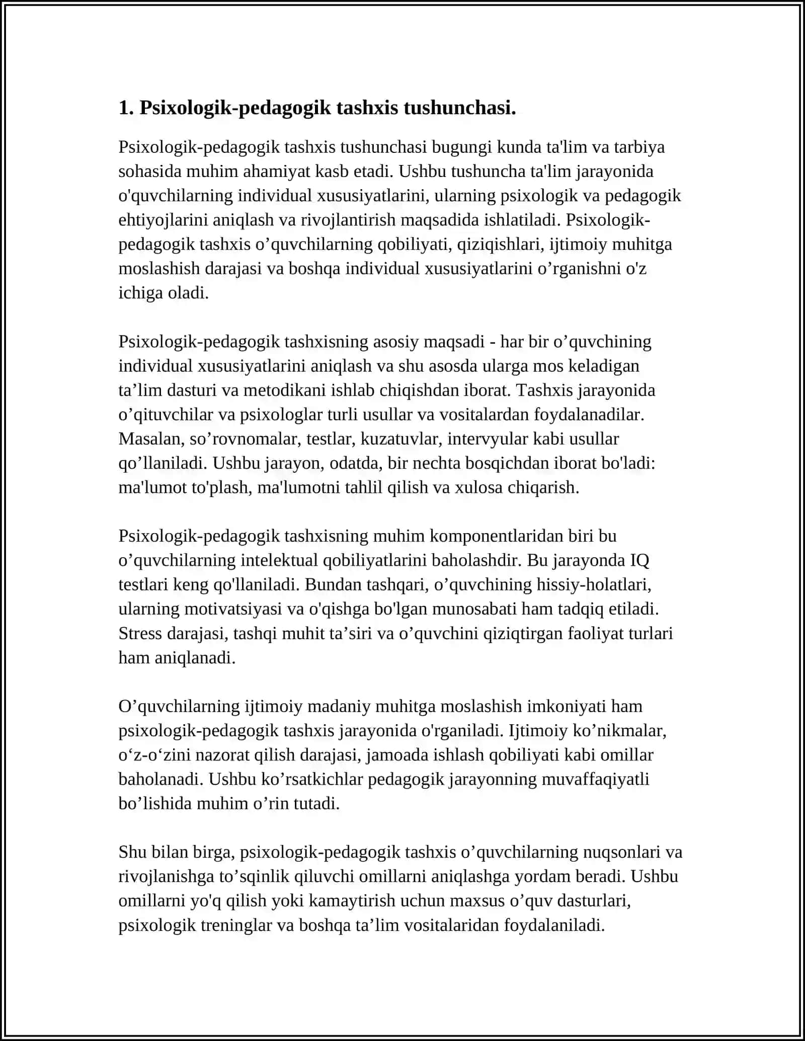 PEDAGOGIK PSIXOLOGIK DIAGNOSTIKA FANIDAN TAYYORLAGAN REFERATI 4