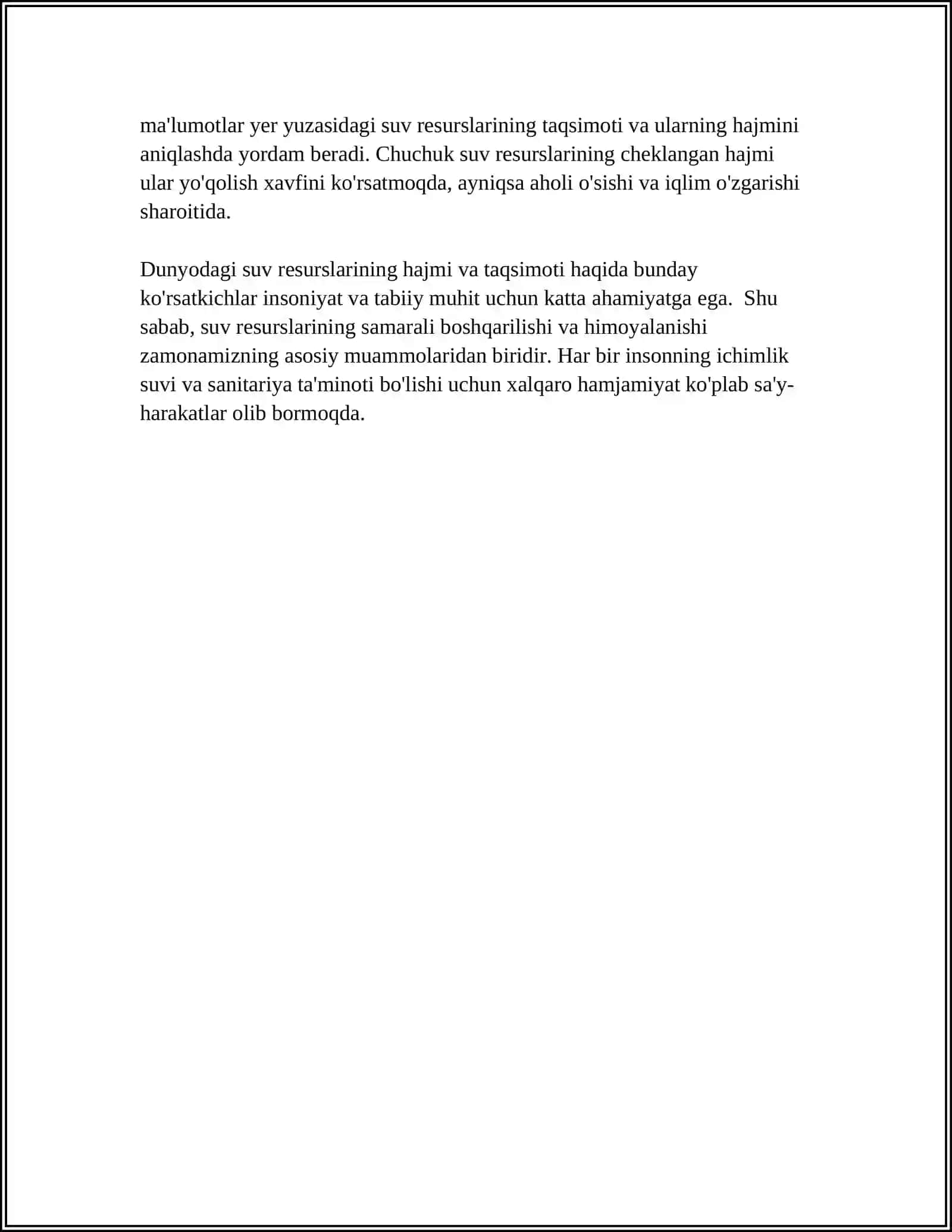 MUSTAQIL ISH Mavzu: DUNYODA VA OʻZBELISTON RESPUBLIKASIDA SUVNI ISHLATISH XAJMI 4