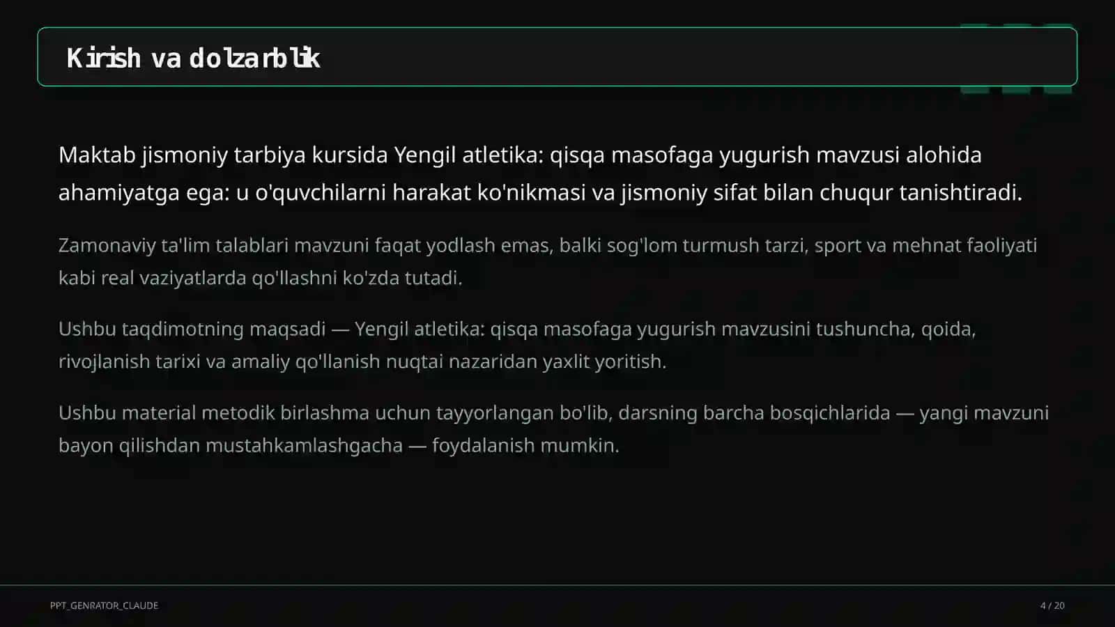 Yengil atletika: qisqa masofaga yugurish (4-sinf) 4