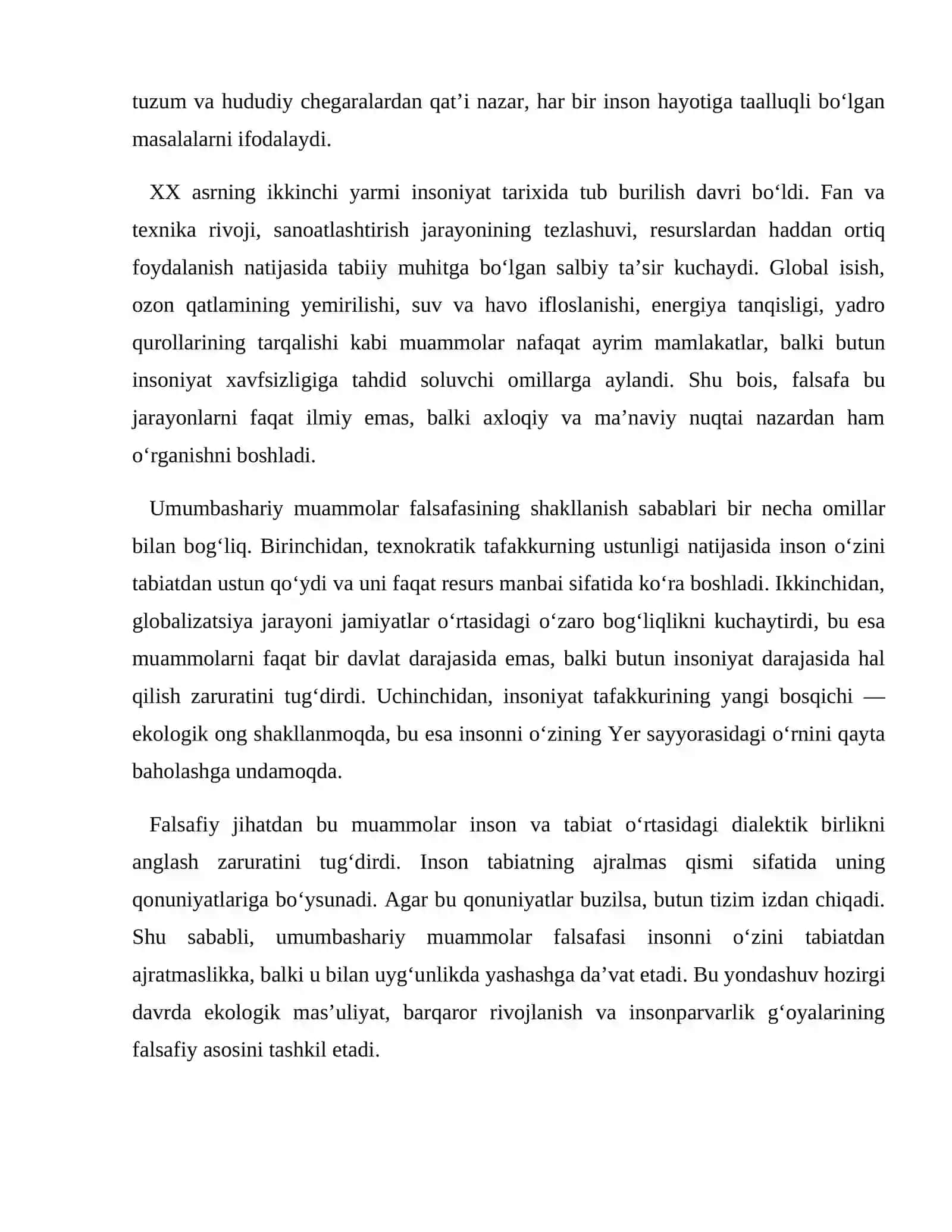 Umumbashariy muammolar falsafasi: O‘zbekistonda tabiat, jamiyat va insonni asrash 4