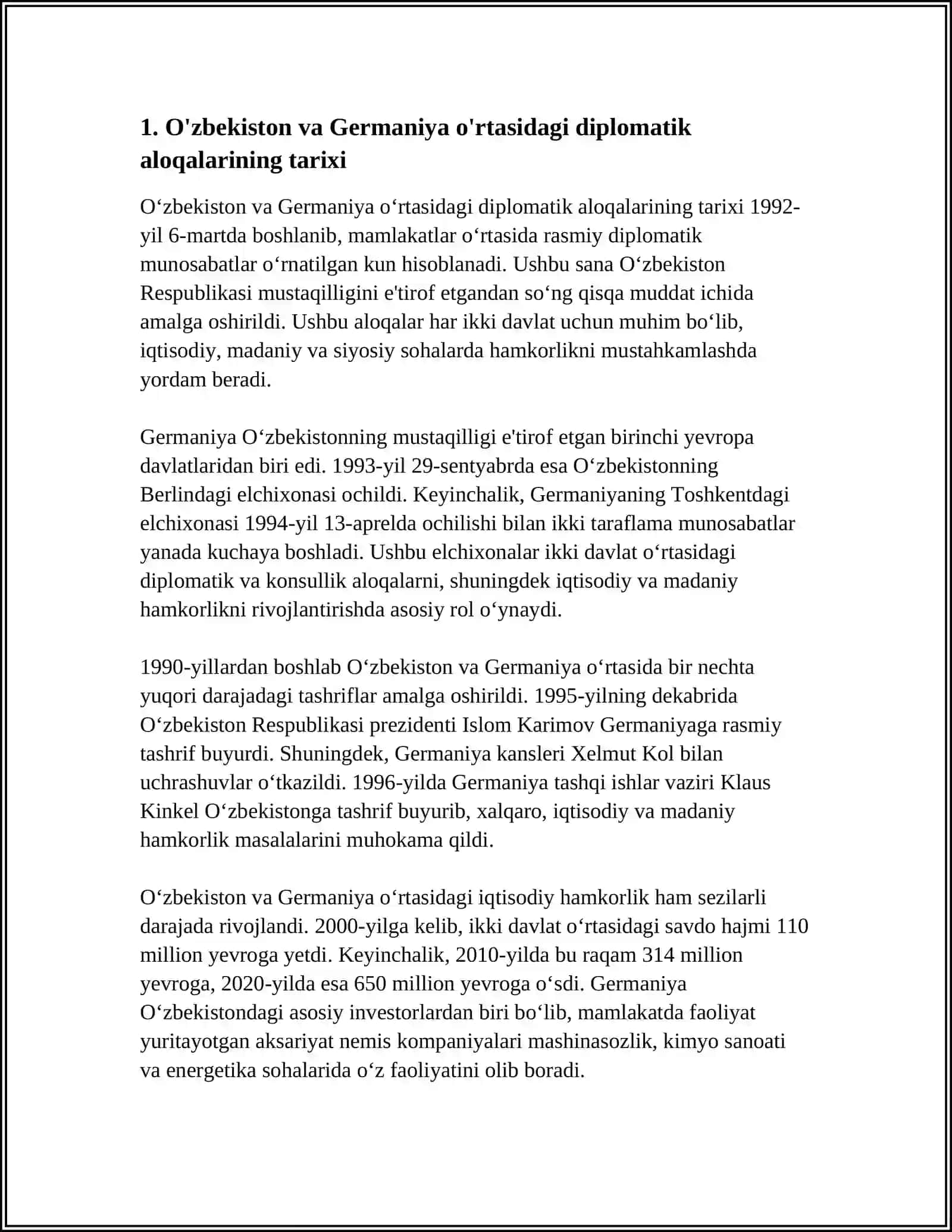 O'ZBEKISTON RESPUBLIKASINING GERMANIYA BILAN HAMKORLIGI VA ULARNING HUQUQIY ASOSLARI 4