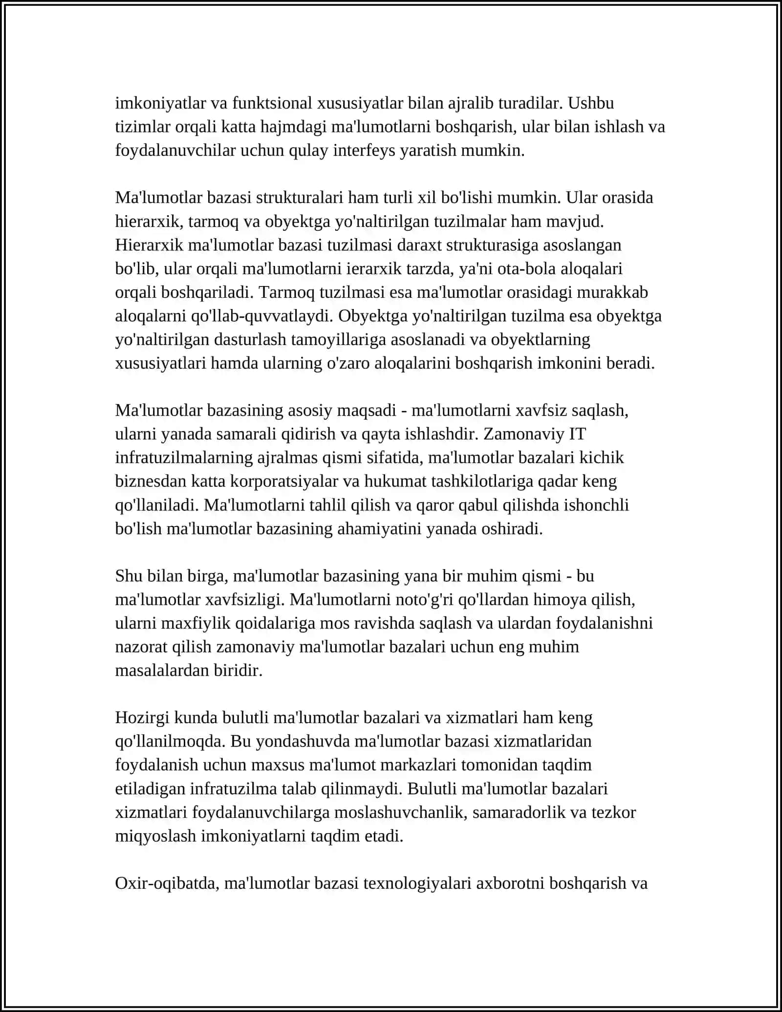 MALUMOTLAR BAZASI BILAN ISHLASH TEXNALOGIYALARI 4