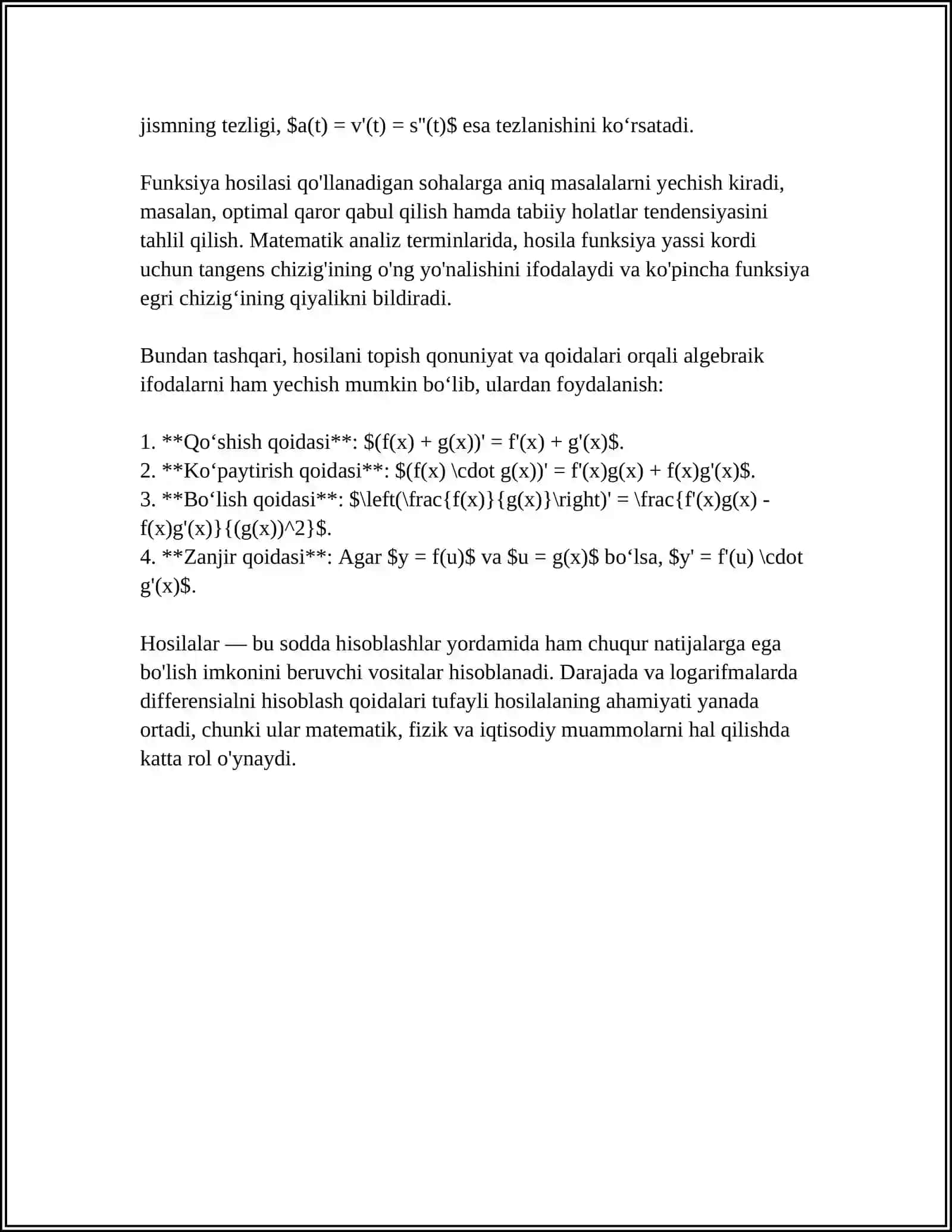 BIR OʻZGARUVCHILI FUNKSIYALAR DIFFERENSIAL HISOBI. FUNKSIYA HOSILASI VA UNING IQTISODIY MANOSI 4