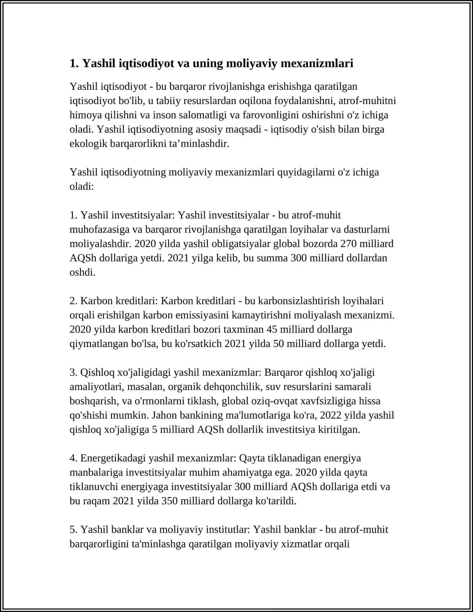“YASHIL IQTISODIYOT”NI RIVOJLANTIRISHNING MOLIYAVIY VA NOMOLIYAVIY MEXANIZMLARINI ISHLAB CHIQISH 4