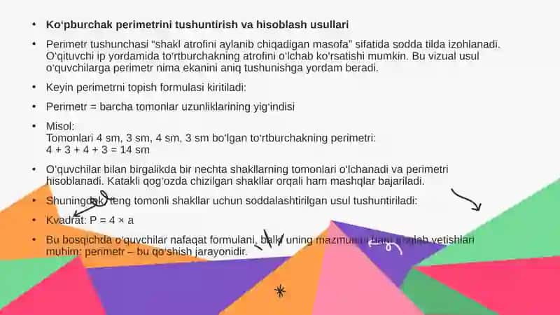 Koʻpburchaklar perimetri hamda yuzasini hisoblash.Perimetr va yuza oʻlchov birliklari va ular orasidagi bogʻlanishga doir masalalar yechish. 4