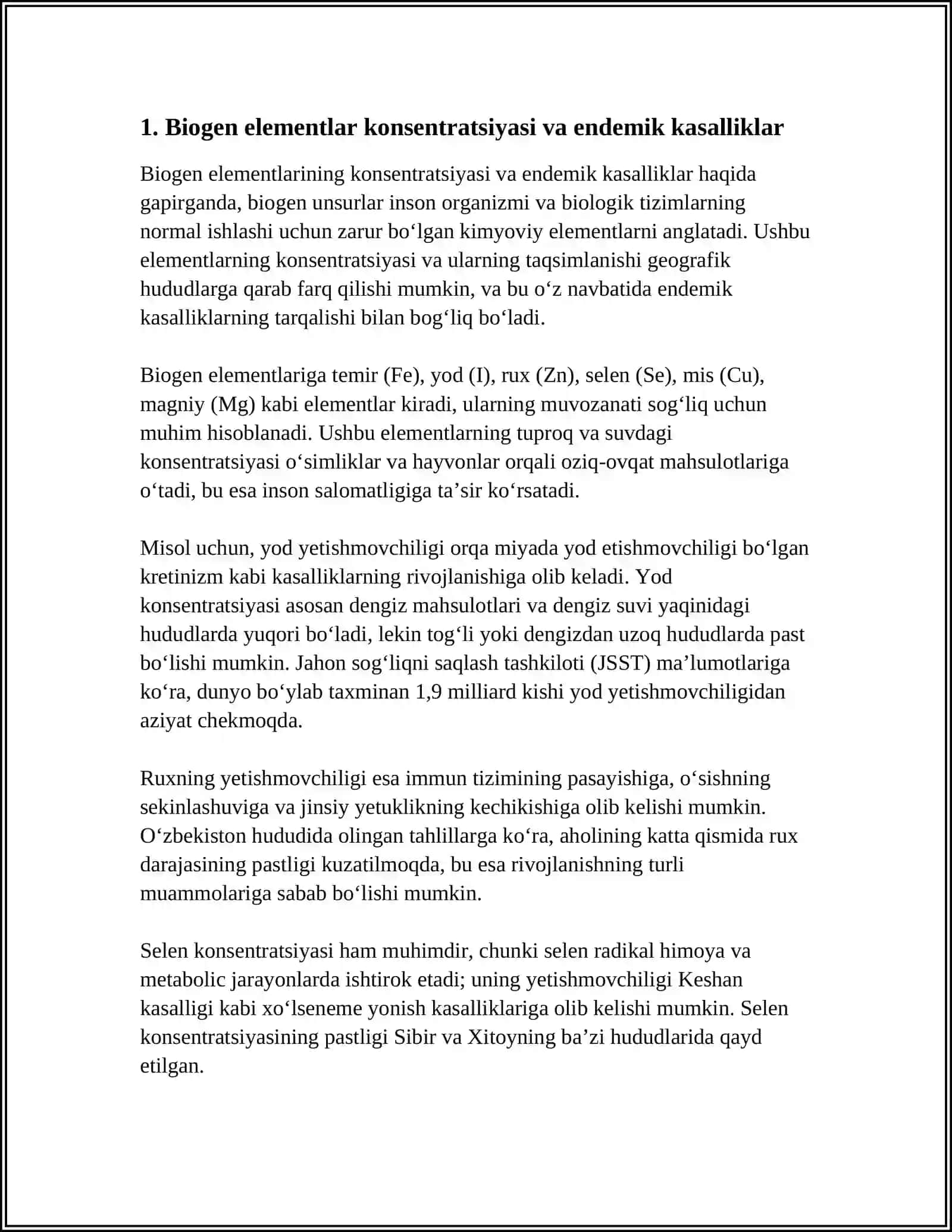 BIOGEN ELEMENTLAR KONSENTRATSIYASI OʻZGARTIRISH BILAN BOGʻLIQ ENDEMIK VA KASB KASALLIKLARI 4
