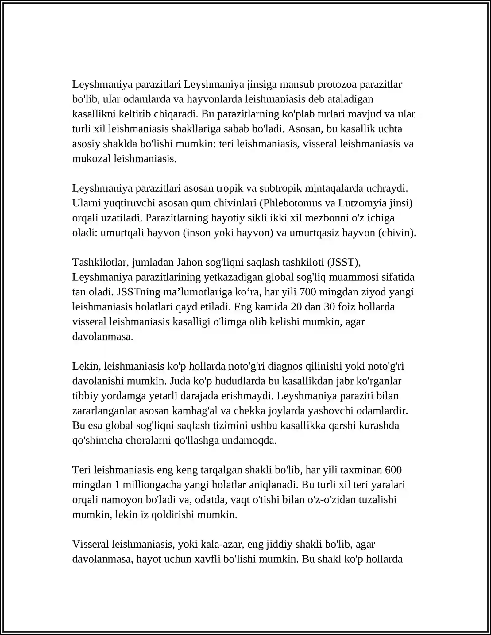 XIVCHINLILAR – ODAM PARAZITLARI: TRIPANASOMA, LEYSHMANIYA, TRIXOMONADA VA LYAMBLIYA. SPORALILAR –ODAM PARAZITLARI. BEZGAK PARAZITLARI, TOKSOPLAZMA. ICHAK PARAZITLARI: ICHBURUG‘ AMYOBASI, ICHAK BALANTIDIYASI 4