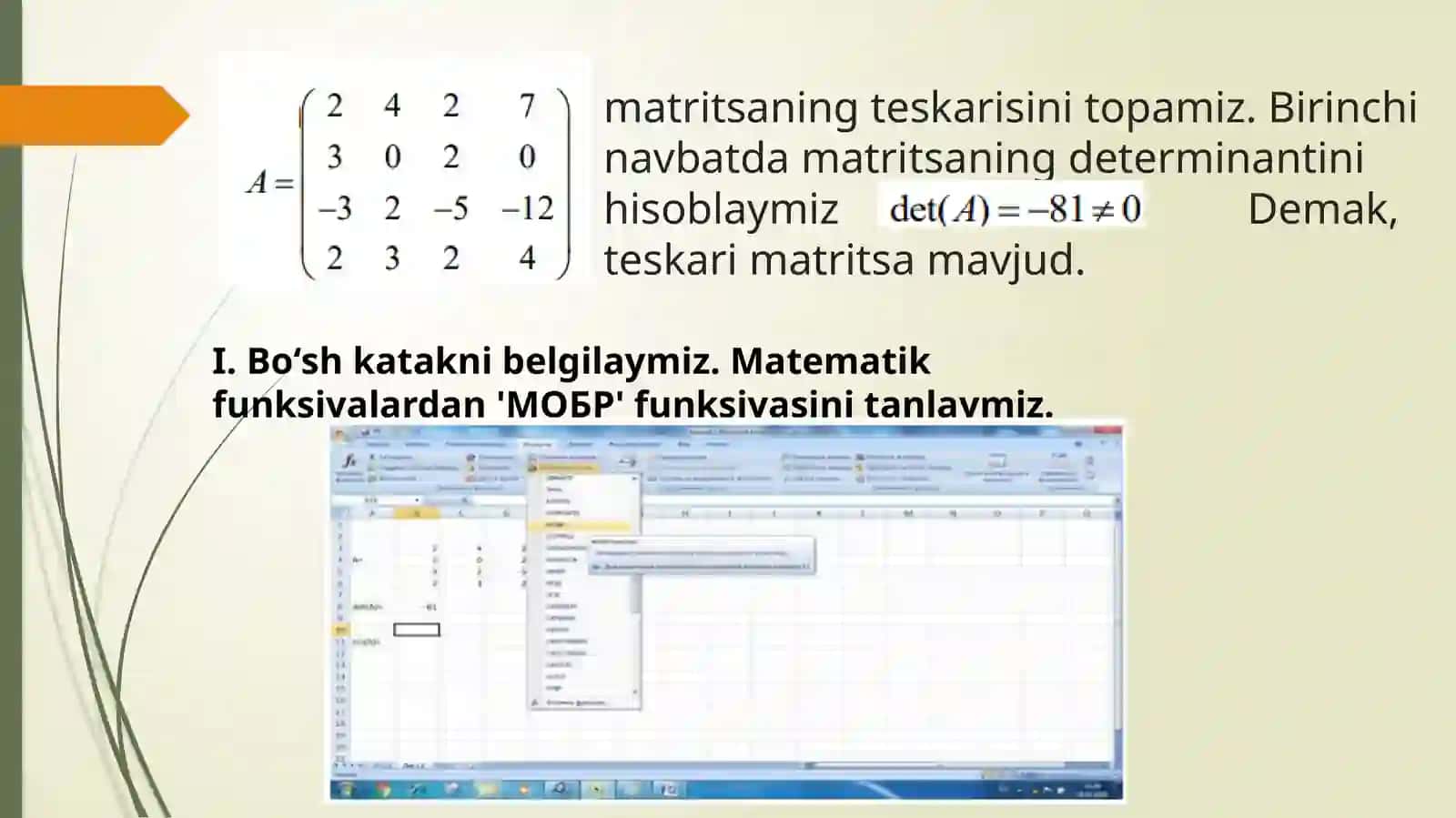 TERKASIRI MATRITSANI ANIQLASHDA EXCEL DASTURIDAN FOYDALANISH 4