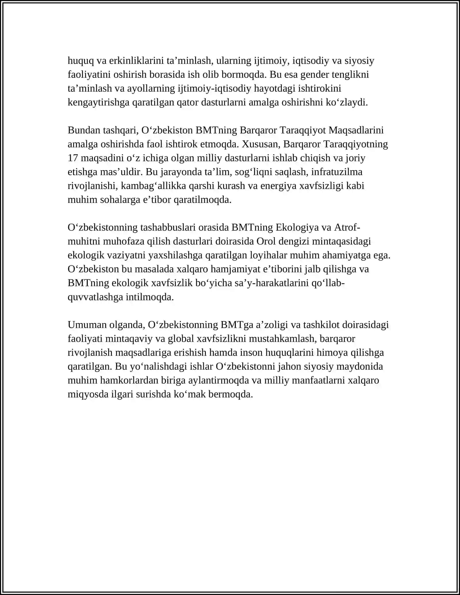 ÒZBEKISTON RESPUBLIKASI XALQARO TASHKILOTLARGA A'ZOLIGI VA JAXON SIYOSIY MAYDONDAGI OʻRNI 4