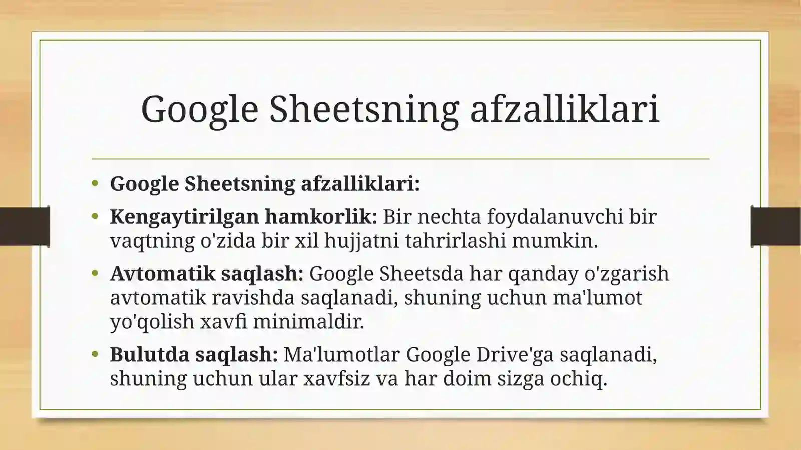 GOOGLE SHEETSDA JADVALLAR YARATISH 4