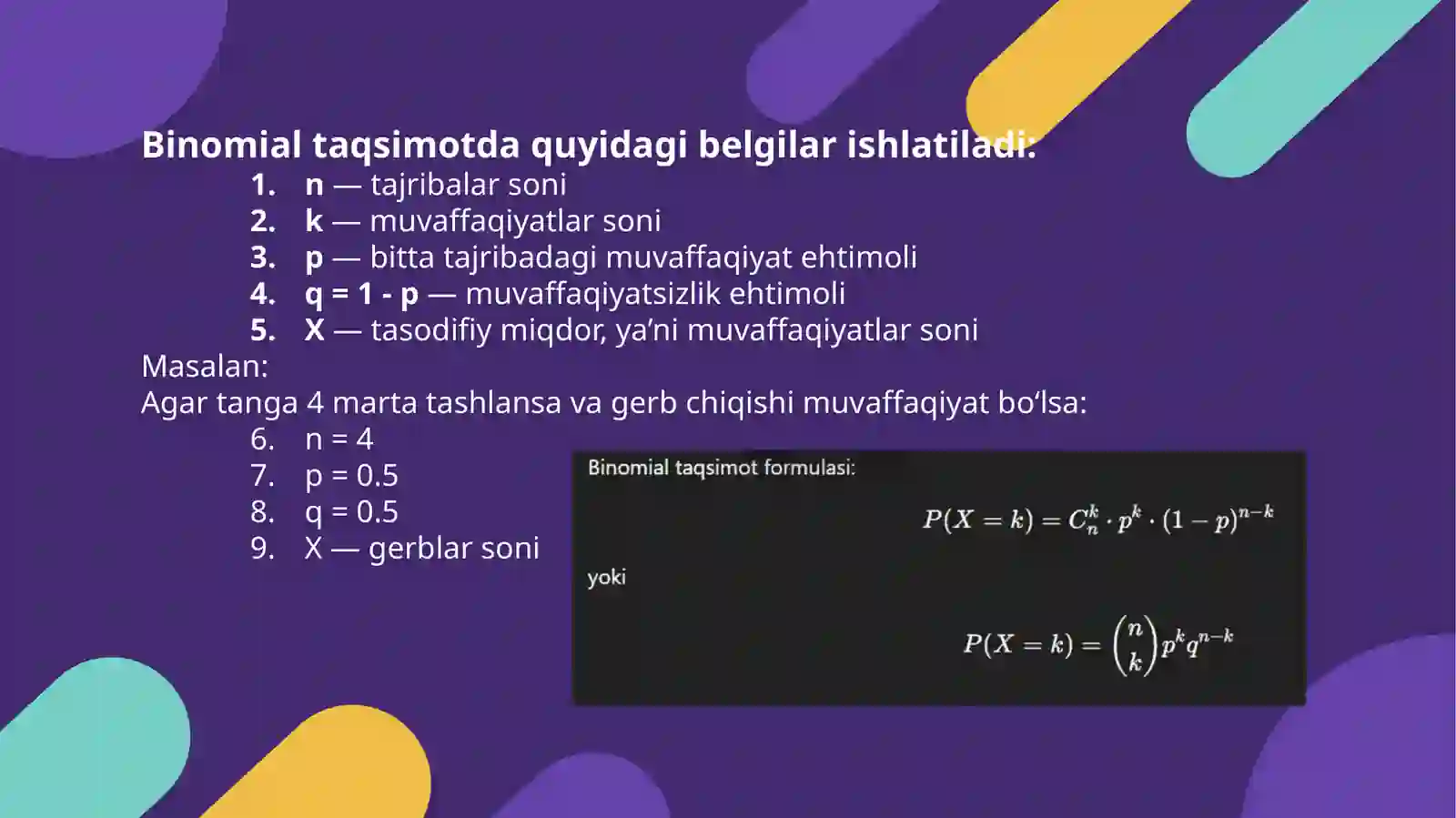 Binomial taqsimot va Normal taqsimot va uning xususiyatlari 4