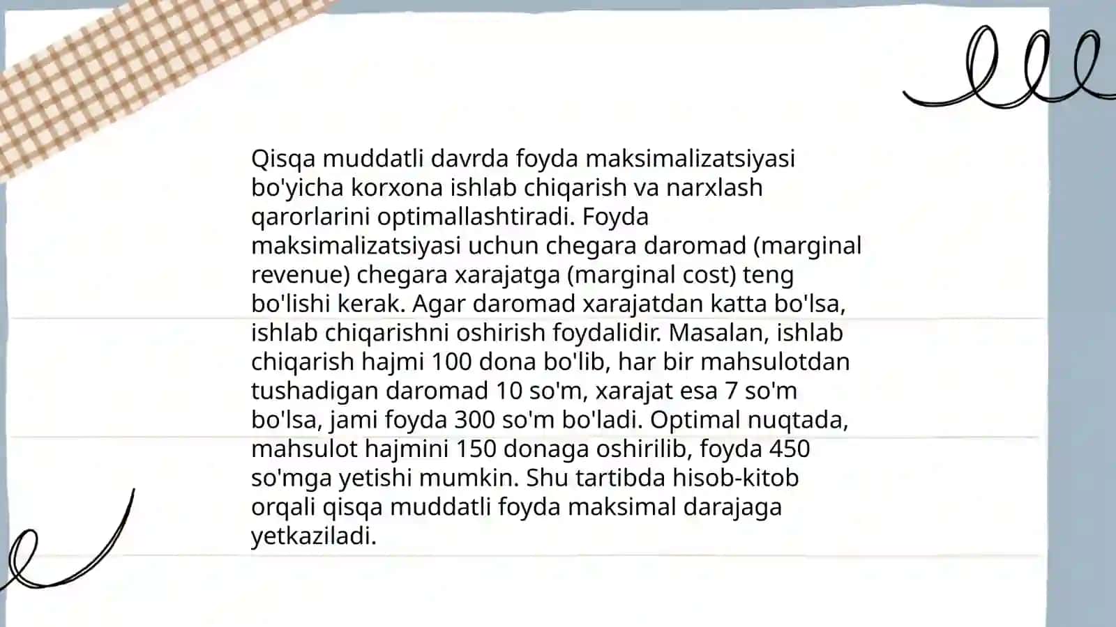 Mukammal raqobatlashgan bozorda qisqa muddatli davrda firma foydasini maksimallashtirish va uning taklifi 4